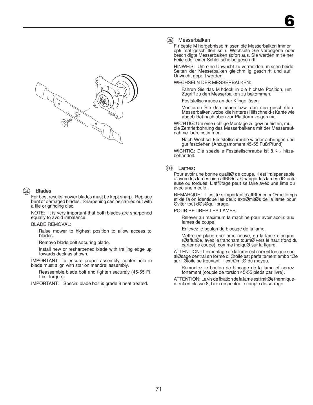 McCulloch 96041012300, M11577RB instruction manual Blades, Messerbalken, Lames 