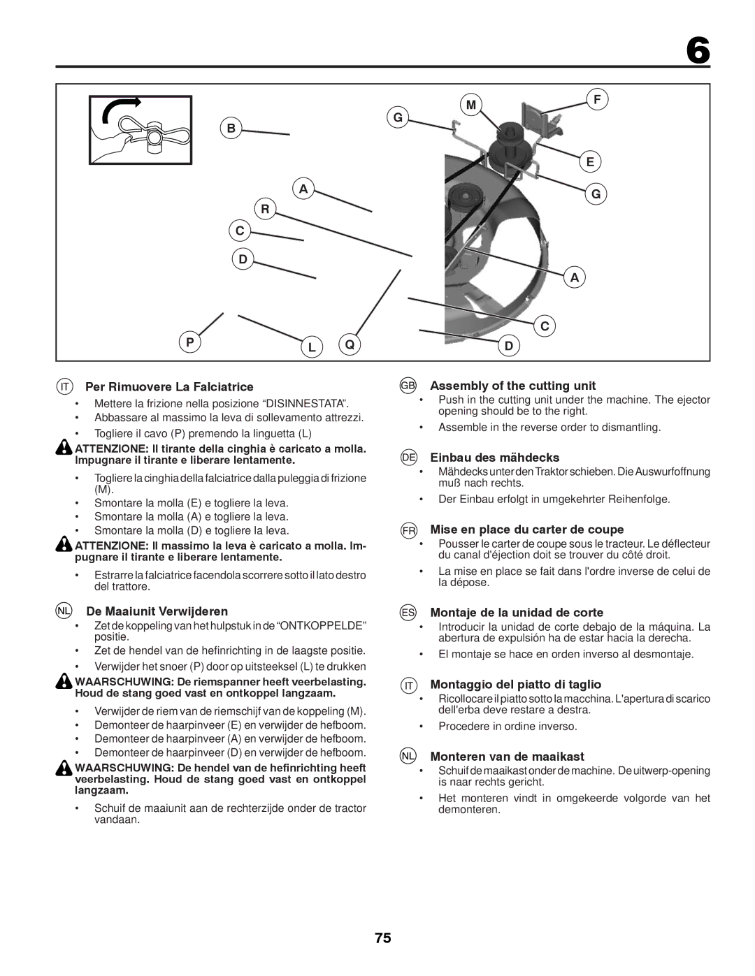 McCulloch 96041012300, M11577RB Per Rimuovere La Falciatrice, Assembly of the cutting unit, Einbau des mähdecks 