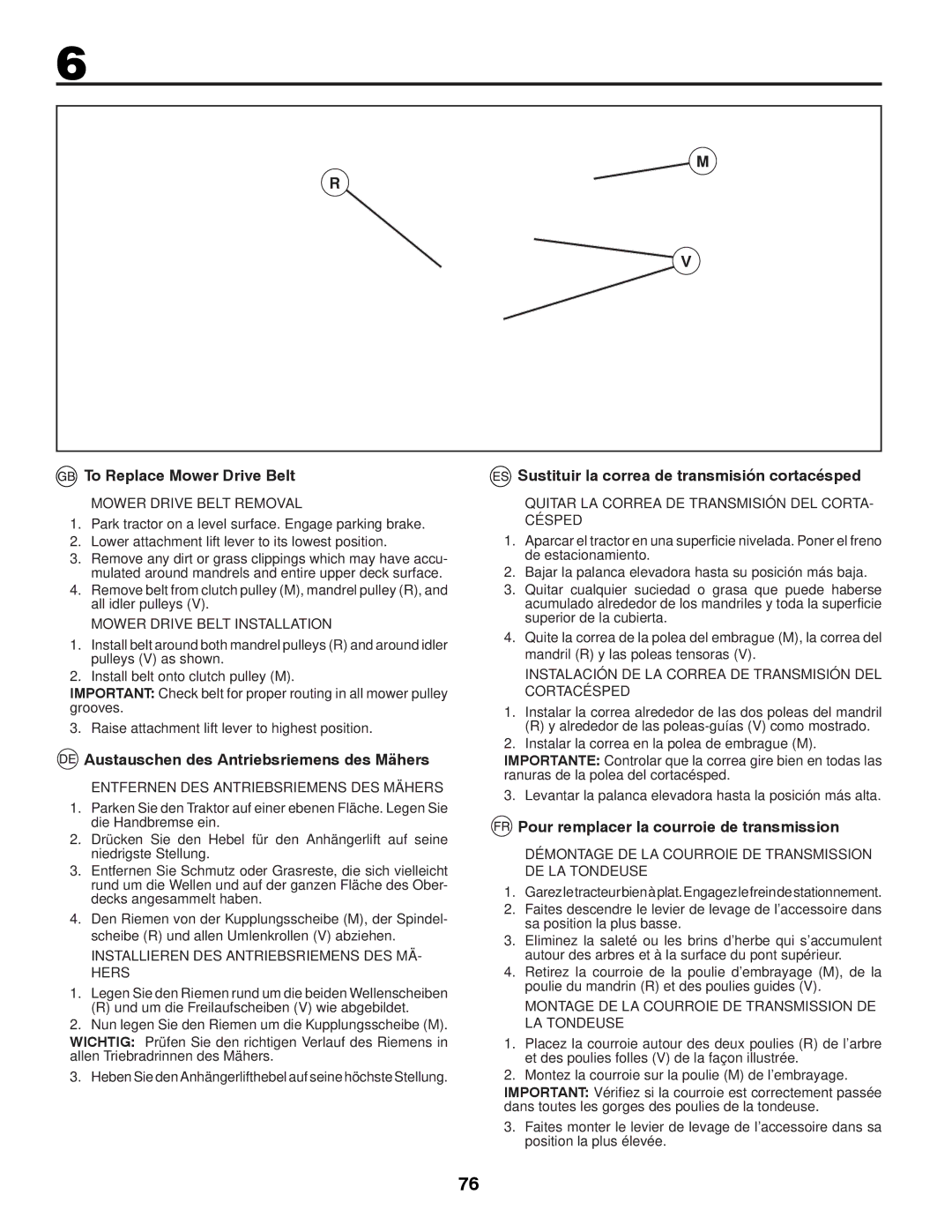 McCulloch M11577RB, 96041012300 instruction manual To Replace Mower Drive Belt, Austauschen des Antriebsriemens des Mähers 