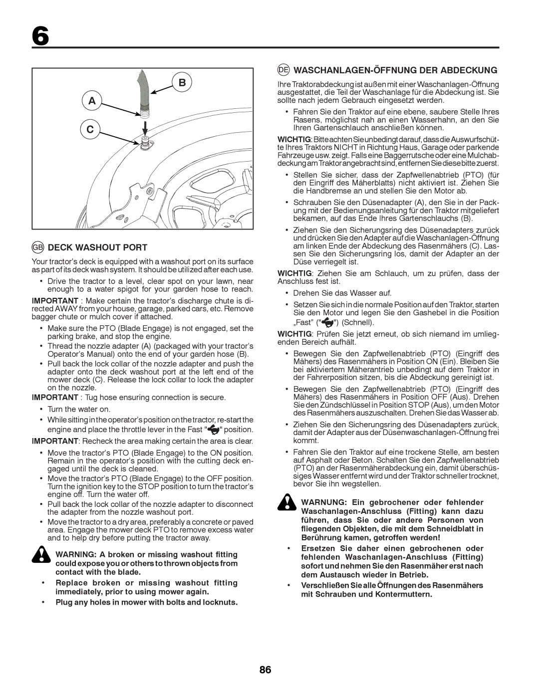 McCulloch M11577RB, 96041012300 instruction manual WASCHANLAGEN-ÖFFNUNG DER Abdeckung, Deck Washout Port 