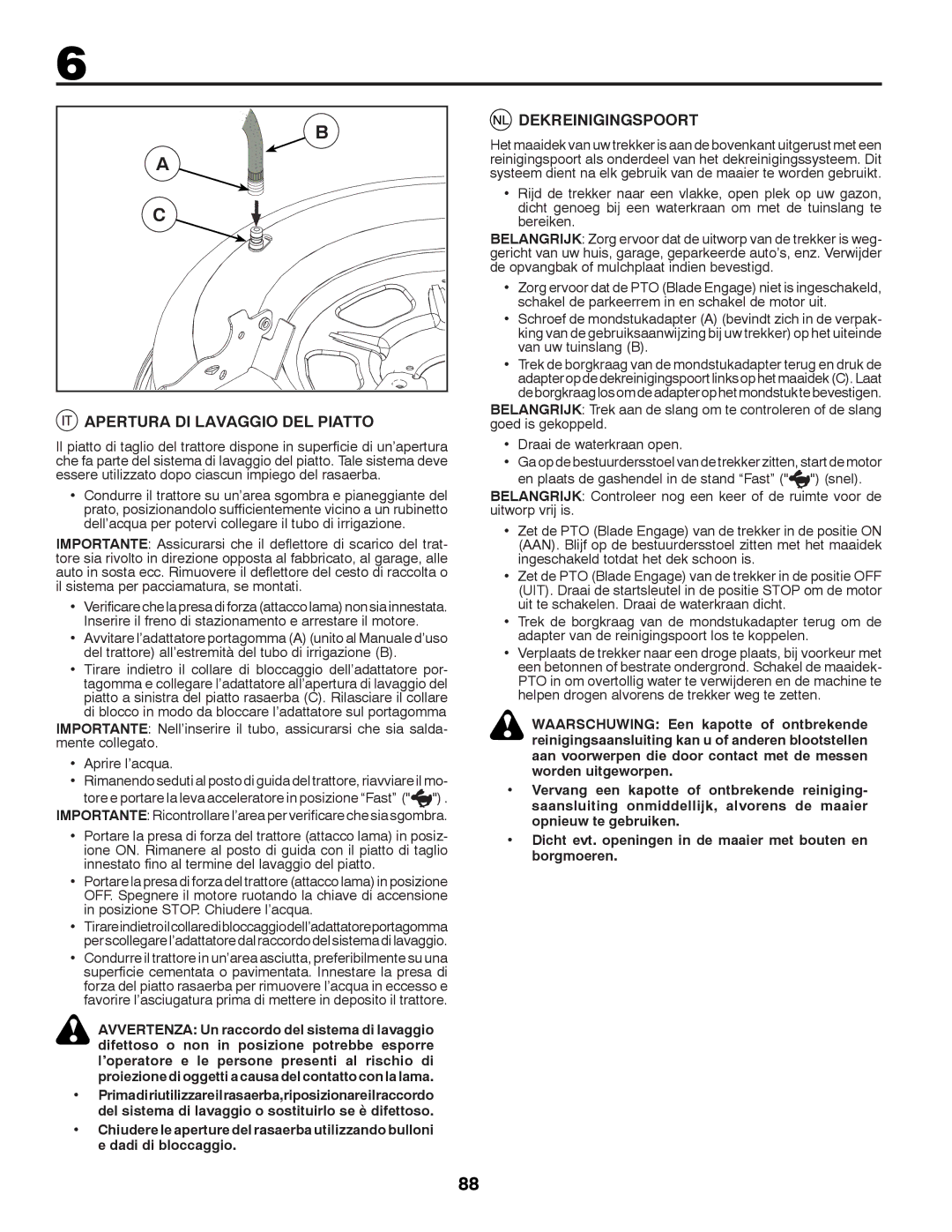 McCulloch M11577RB, 96041012300 instruction manual Dekreinigingspoort, Apertura DI Lavaggio DEL Piatto 