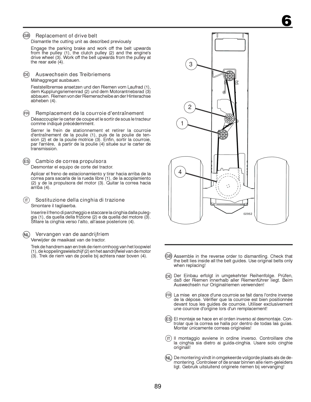 McCulloch 96041012300 Replacement of drive belt, Auswechsein des Treibriemens, Remplacement de la courroie dentraînement 