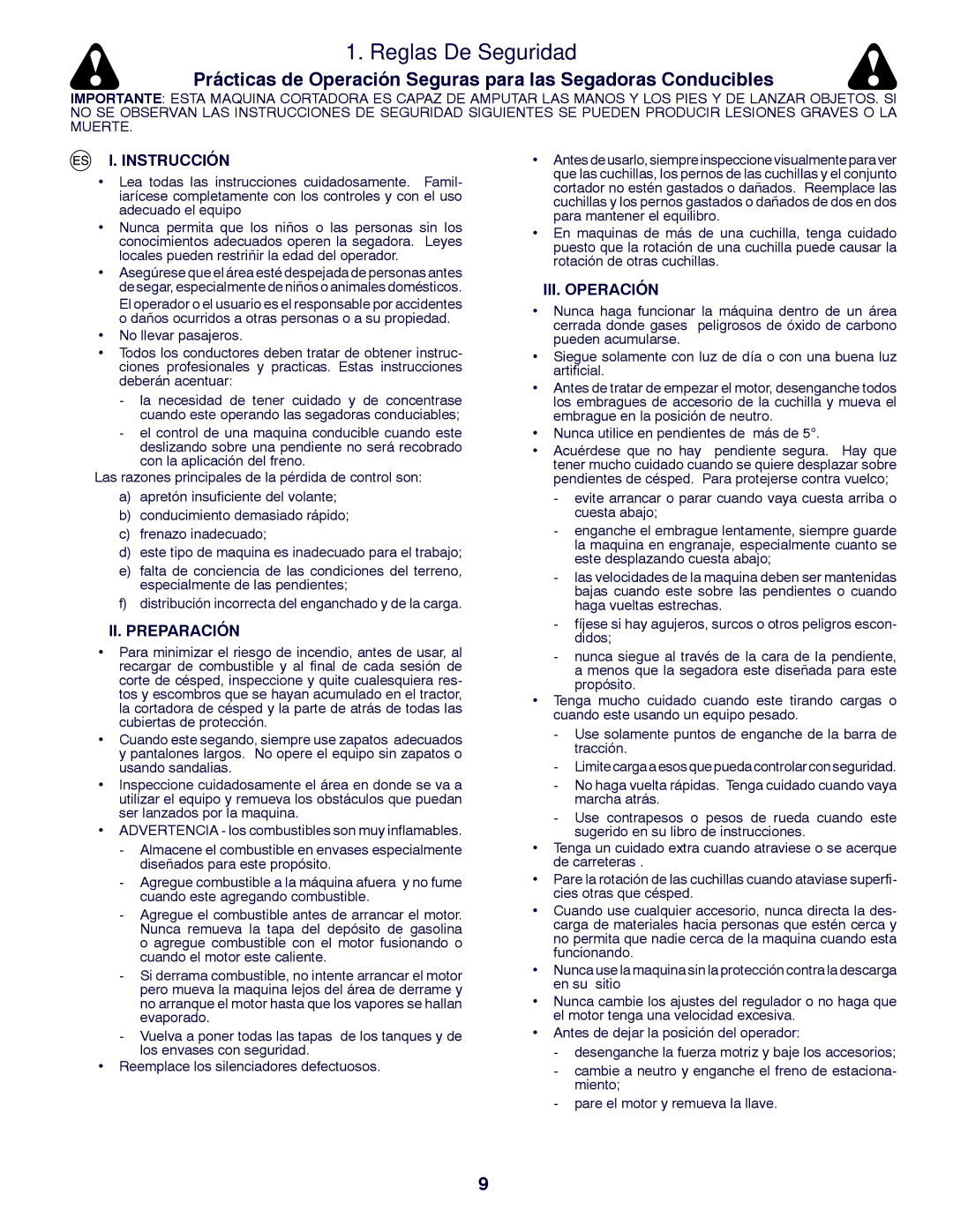 McCulloch 96041012300, M11577RB instruction manual Reglas De Seguridad, Instrucción, II. Preparación, III. Operación 