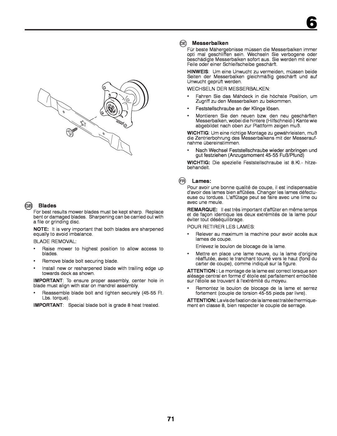 McCulloch 96041012300, M11577RB instruction manual Blades, Messerbalken, Lames, Feststellschraube an der Klinge lösen 