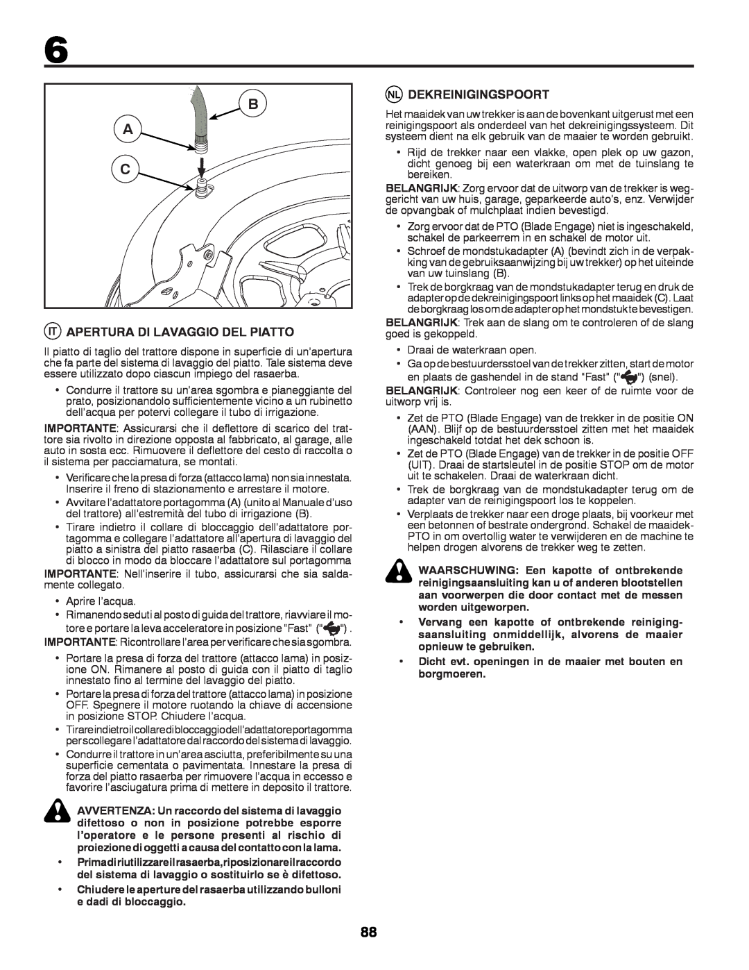 McCulloch M11577RB, 96041012300 instruction manual Dekreinigingspoort, Apertura Di Lavaggio Del Piatto 