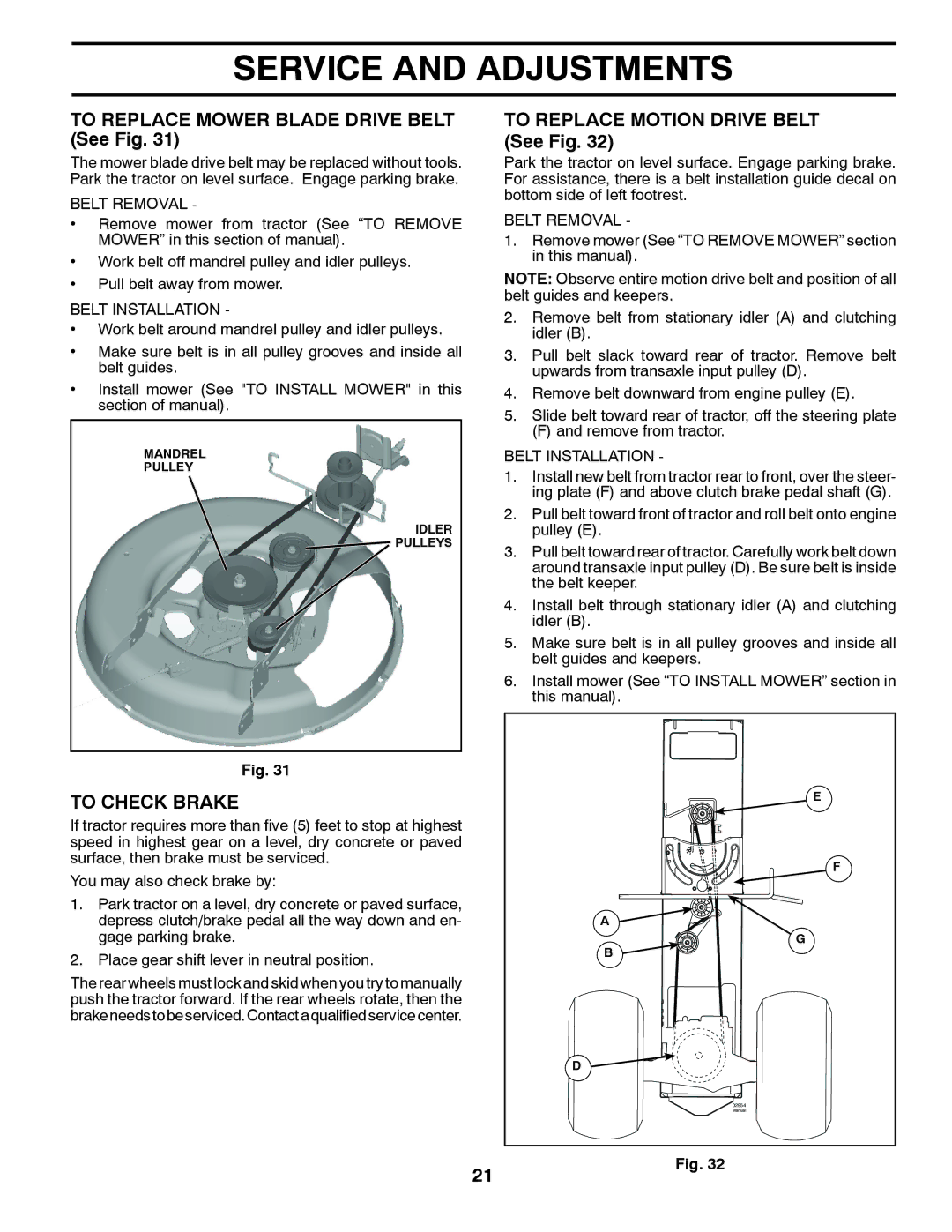 McCulloch M12530 manual To Replace Mower Blade Drive Belt See Fig, To Replace Motion Drive Belt See Fig, To Check Brake 