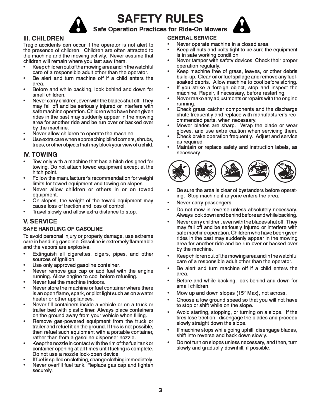 McCulloch M12530 manual Iii. Children, Iv. Towing, V. Service, Safety Rules, Safe Operation Practices for Ride-OnMowers 