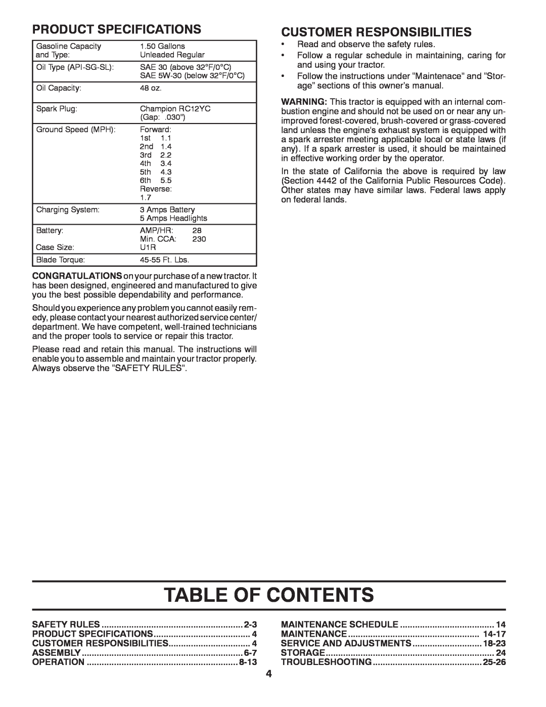 McCulloch 96041017600 Table Of Contents, Product Specifications, Customer Responsibilities, 8-13, 14-17, 18-23, 25-26 