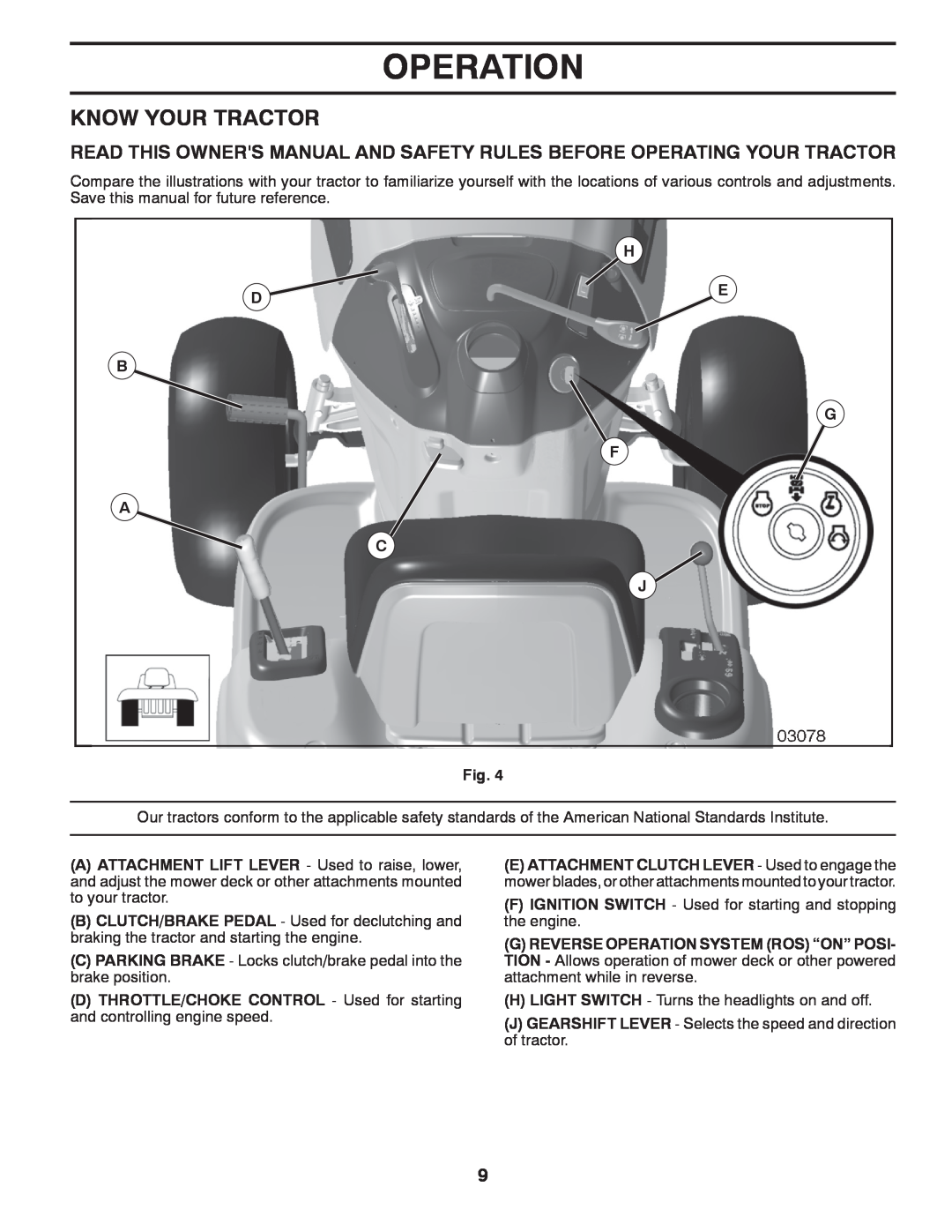McCulloch M12530, 96041017600, 532 43 44-99 manual Know Your Tractor, Operation, H D E, G F A C J Fig 