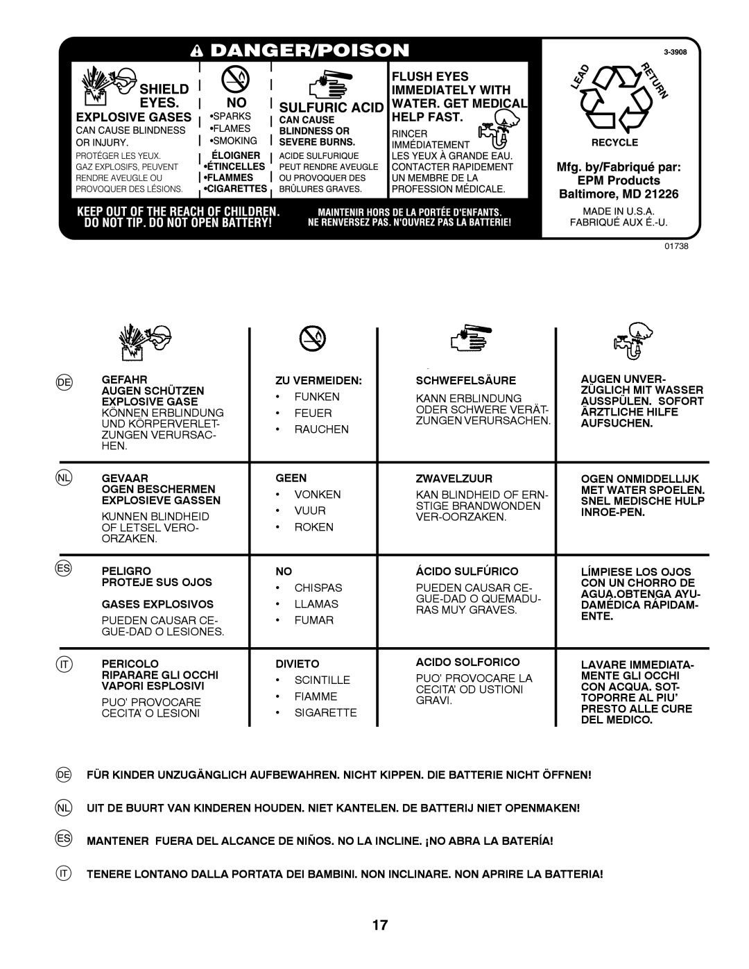 McCulloch 532 43 30-30, M12597RB, 96061028700 instruction manual Gefahr ZU Vermeiden Schwefelsäure Augen Unver Augen Schützen 