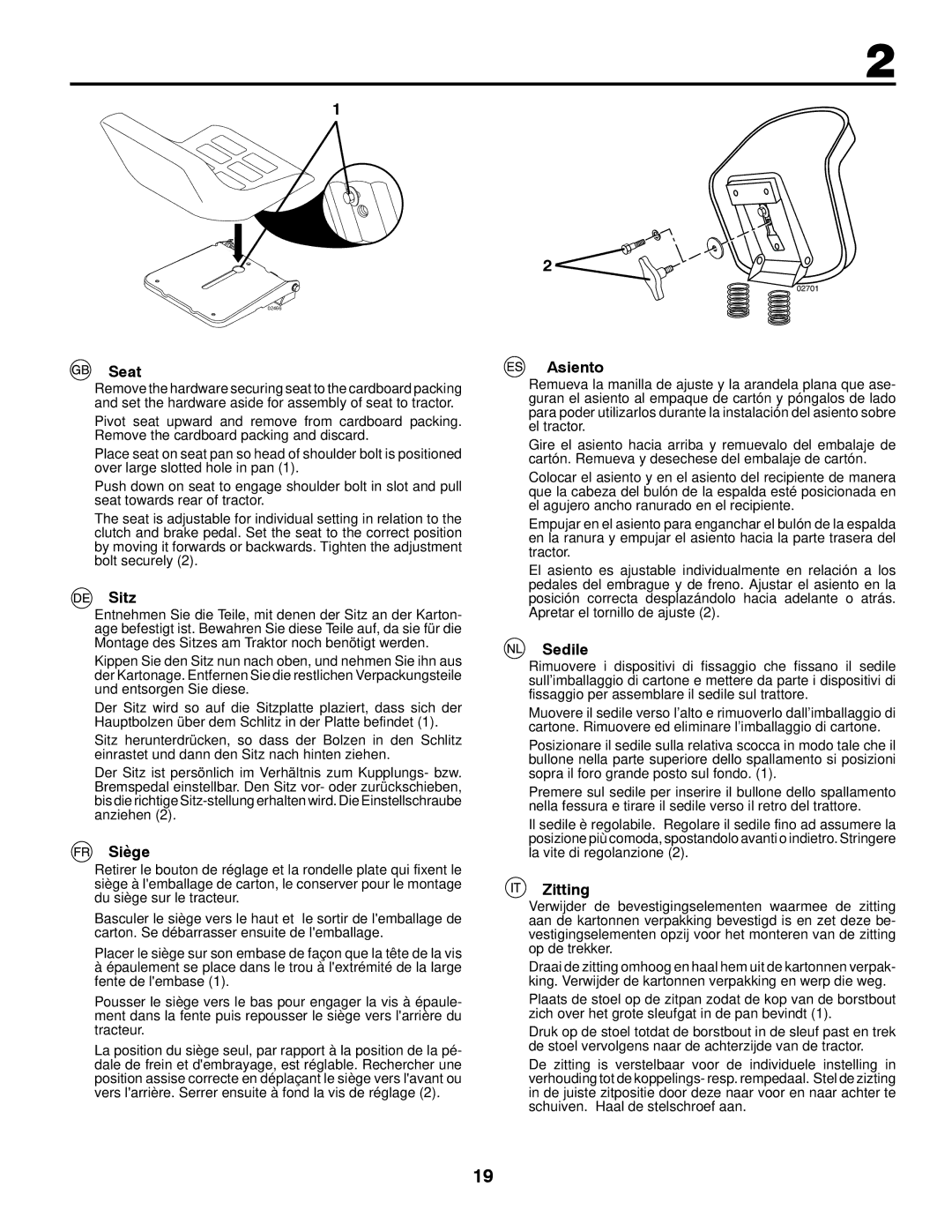 McCulloch 96061028700, M12597RB, 532 43 30-30 instruction manual Seat, Sitz, Siège, Asiento, Sedile, Zitting 