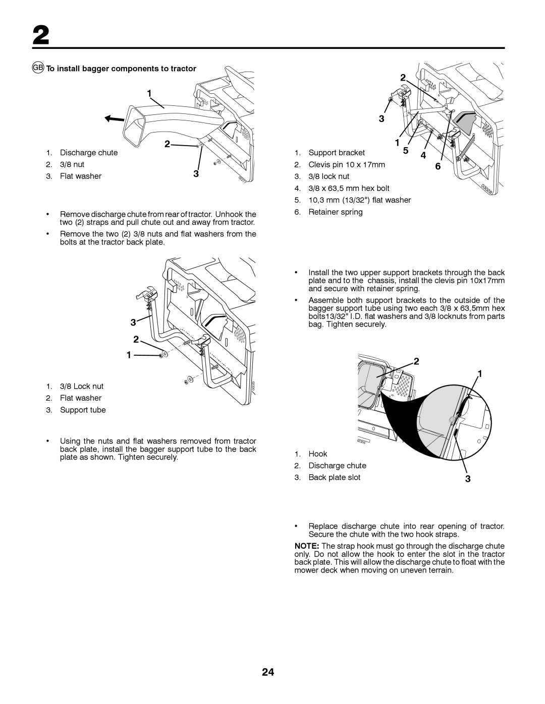 McCulloch M12597RB, 96061028700, 532 43 30-30 To install bagger components to tractor, Discharge chute Nut Flat washer 