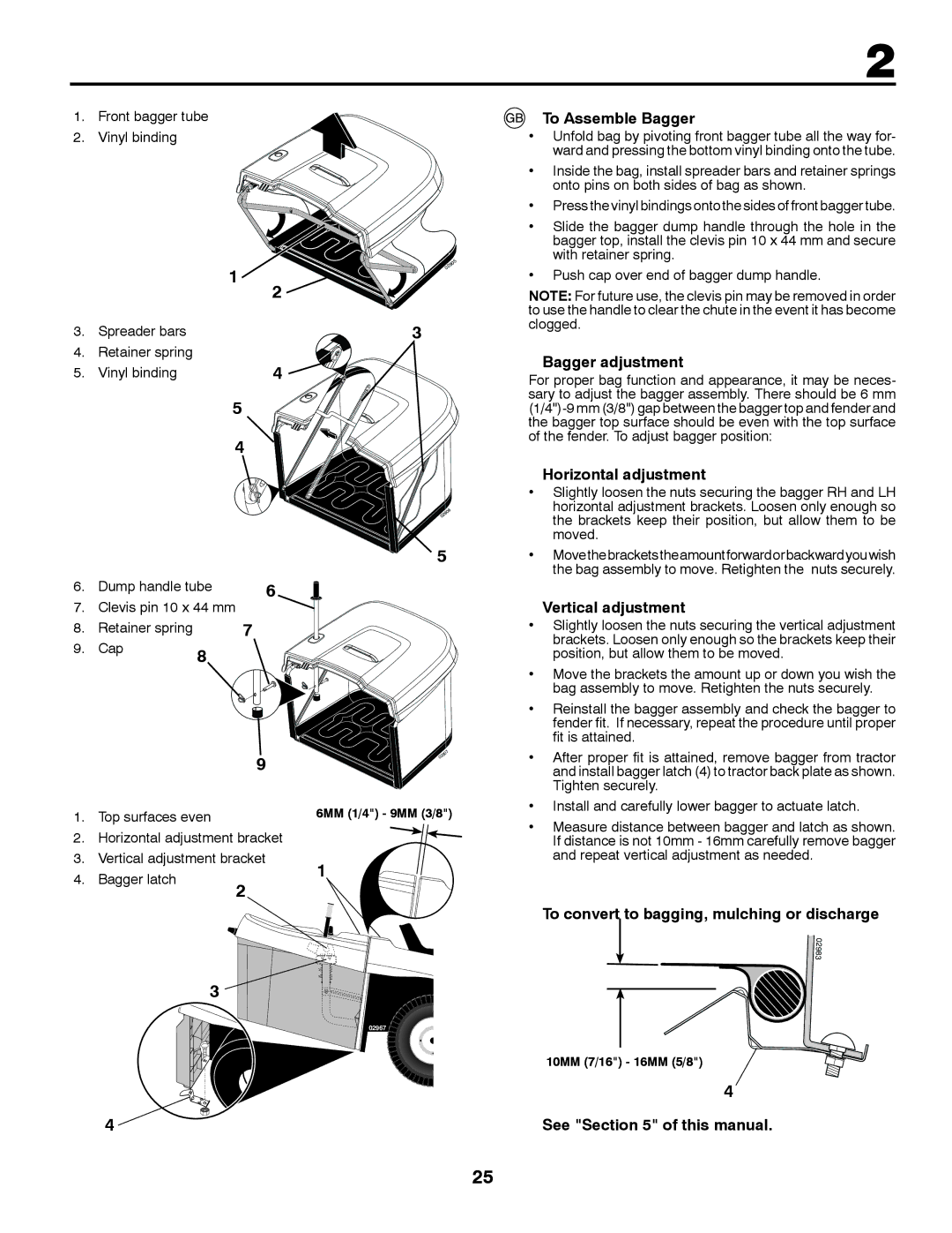 McCulloch 96061028700, M12597RB To Assemble Bagger, Bagger adjustment, Horizontal adjustment, Vertical adjustment 