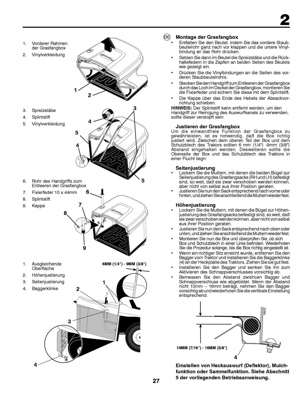 McCulloch M12597RB, 96061028700 Montage der Grasfangbox, Justieren der Grasfangbox, Seitenjustierung, Höhenjustierung 