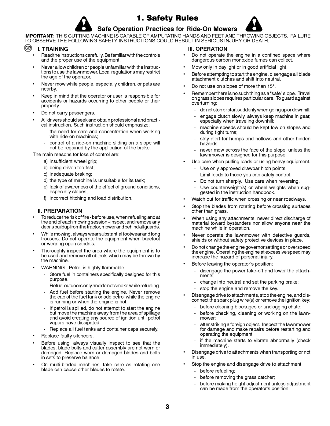 McCulloch M12597RB, 96061028700, 532 43 30-30 instruction manual Safety Rules, Training, II. Preparation, III. Operation 