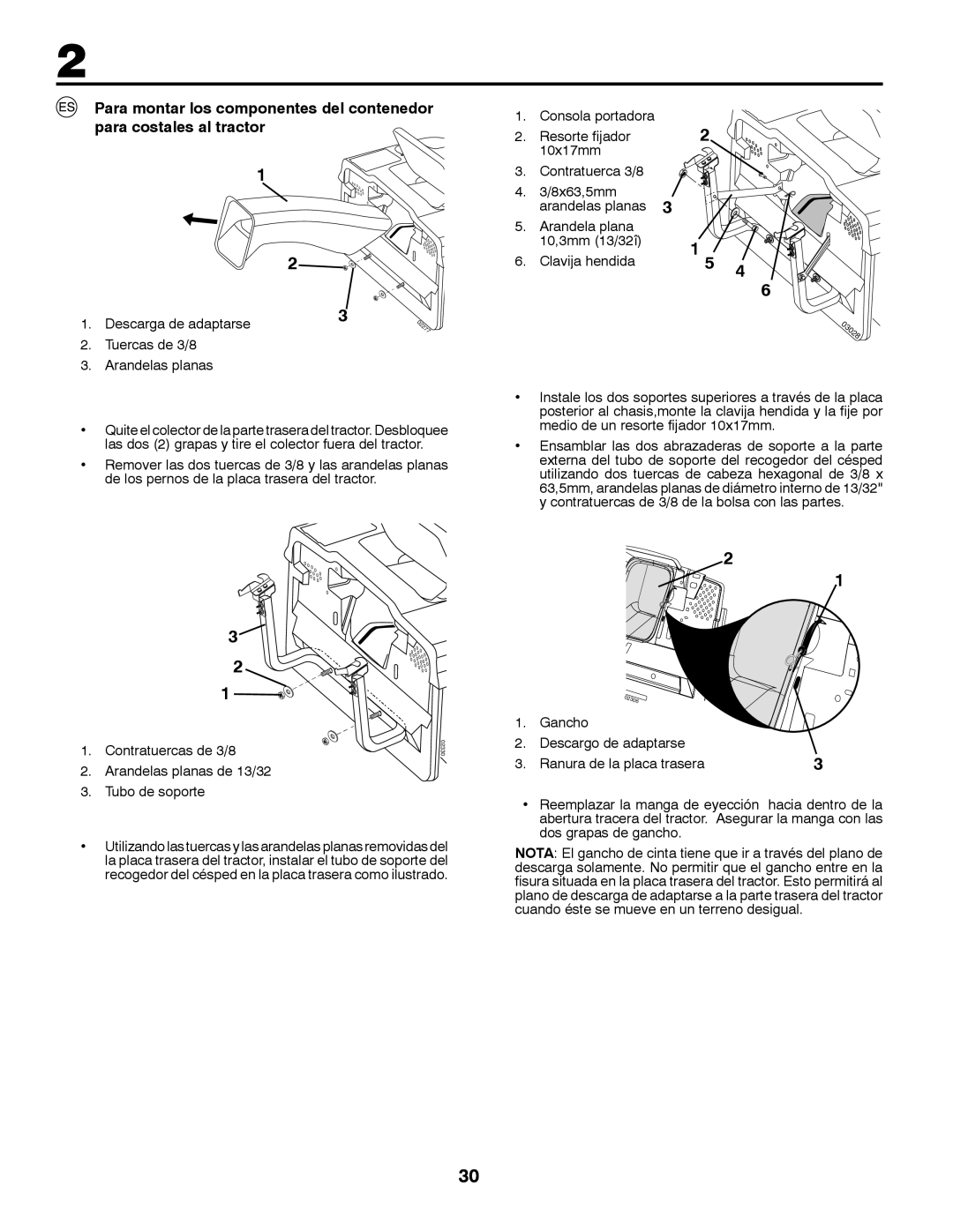 McCulloch M12597RB Descarga de adaptarse, Tuercas de 3/8 Arandelas planas, Arandelas planas de 13/32 Tubo de soporte 