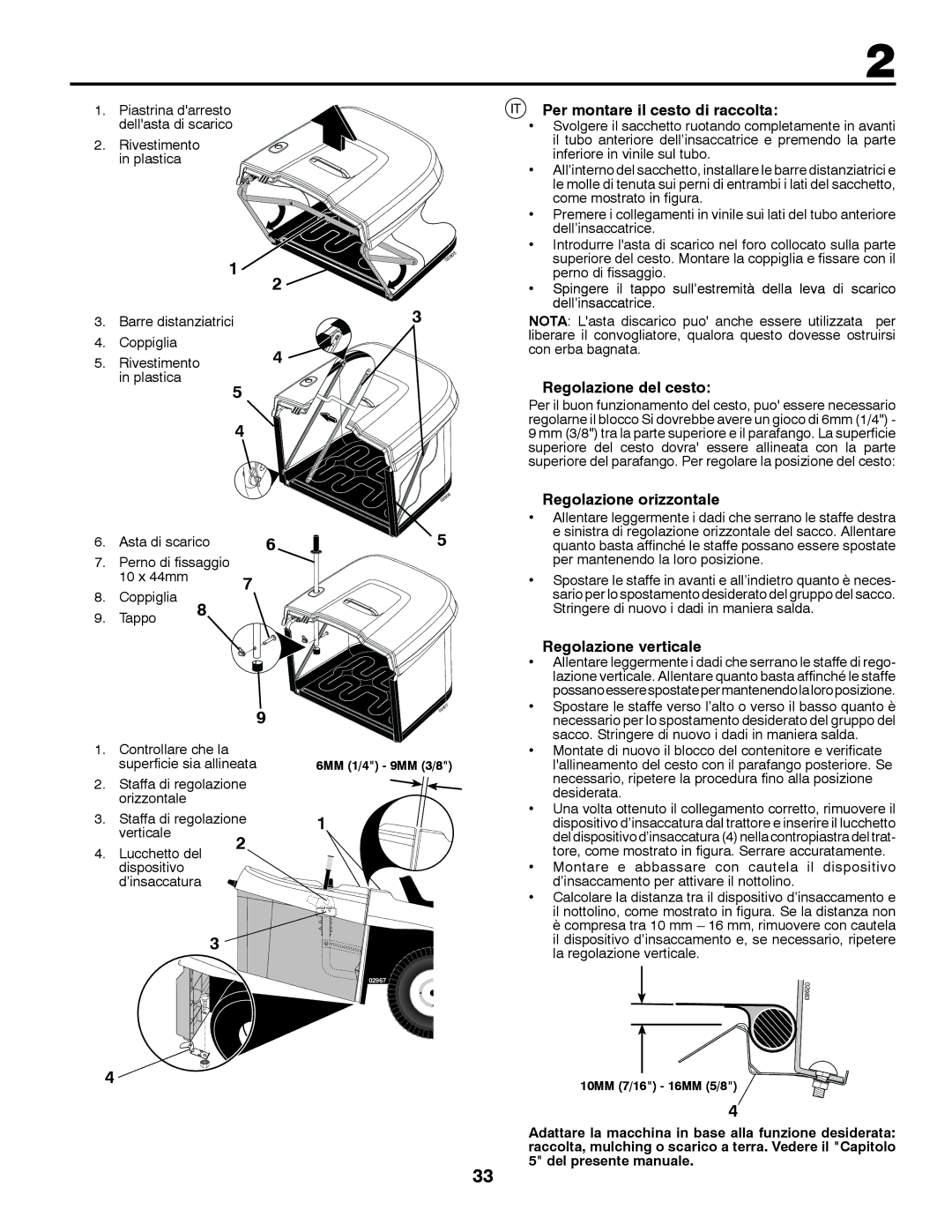 McCulloch M12597RB Per montare il cesto di raccolta, Regolazione del cesto, Regolazione orizzontale, Regolazione verticale 