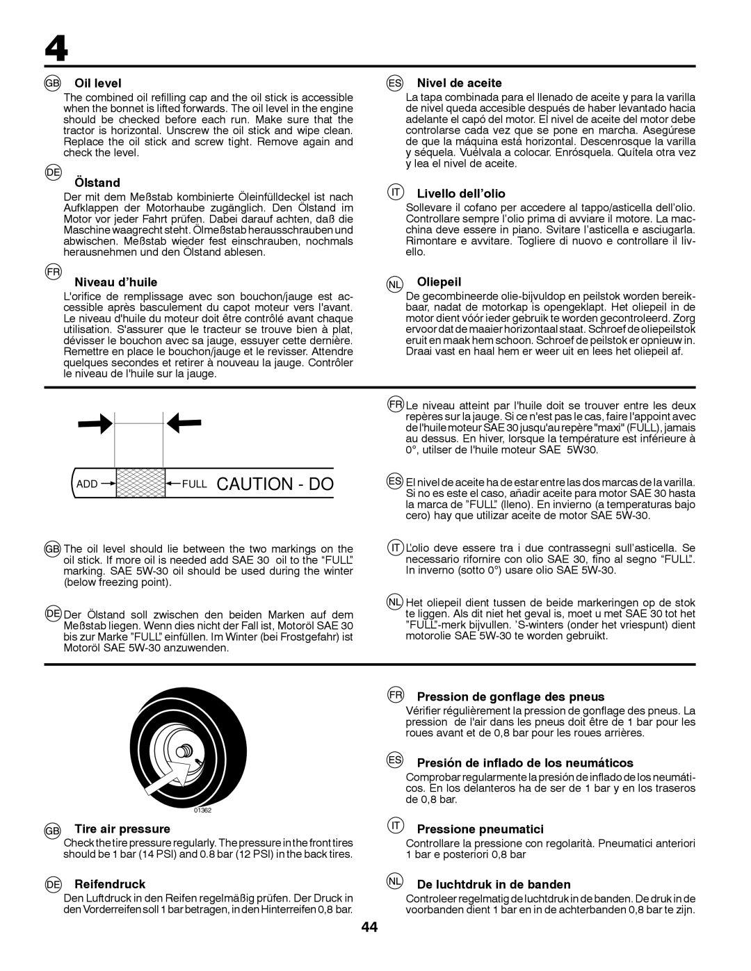 McCulloch 532 43 30-30 Oil level, Ölstand, Nivel de aceite, Livello dell’olio, Niveau d’huile, Oliepeil, Tire air pressure 