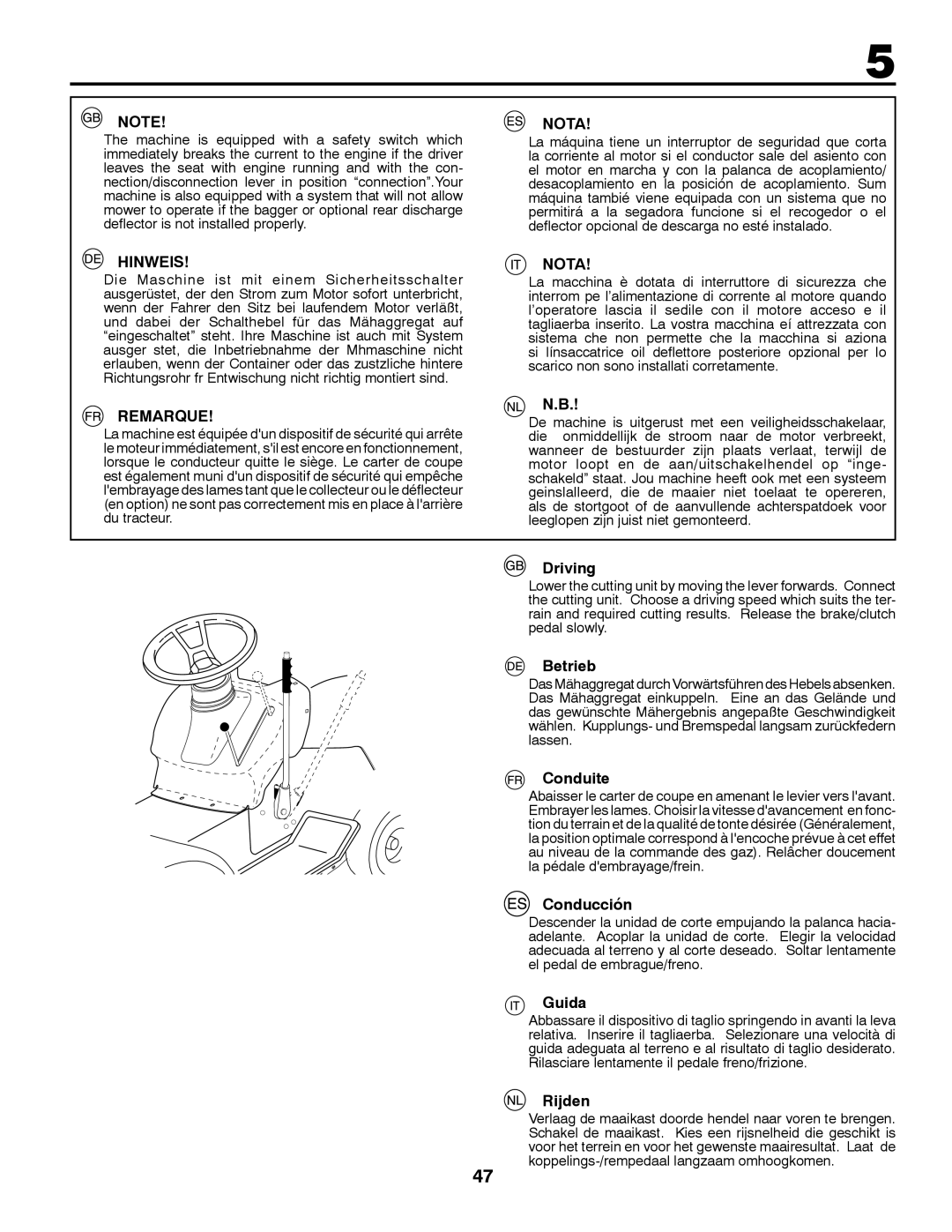 McCulloch 532 43 30-30, M12597RB, 96061028700 instruction manual Driving, Betrieb, Conduite, Conducción, Guida, Rijden 