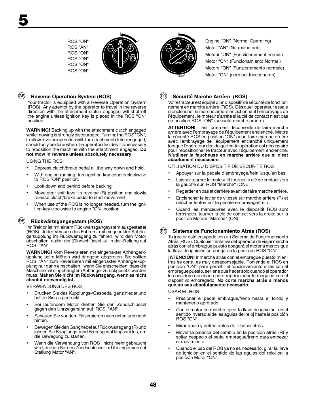 McCulloch M12597RB, 96061028700 Reverse Operation System ROS, Rückwärtsgangsystem ROS, Sécurité Marche Arrière ROS 