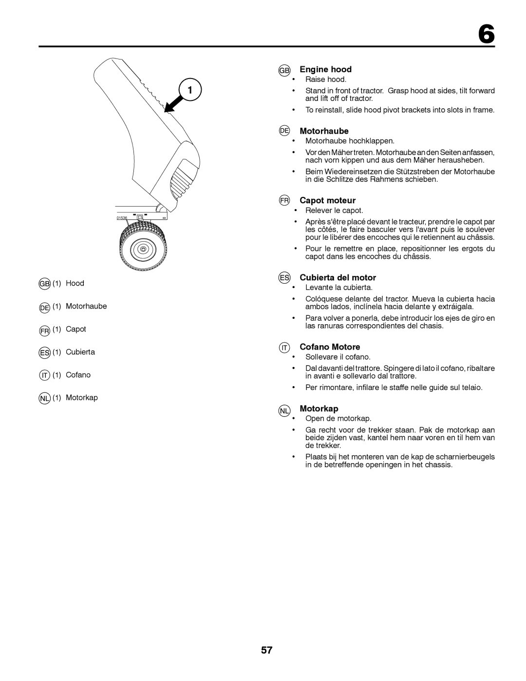 McCulloch M12597RB, 96061028700 Engine hood, Motorhaube, Capot moteur, Cubierta del motor, Cofano Motore, Motorkap 