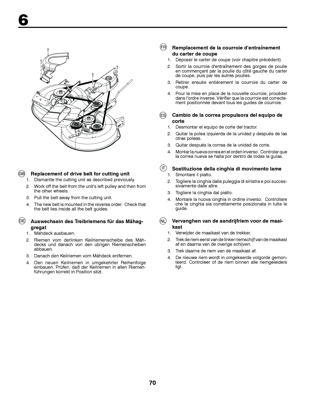 McCulloch 96061028700 Replacement of drive belt for cutting unit, Auswechsein des Treibriemens für das Mähag- gregat 