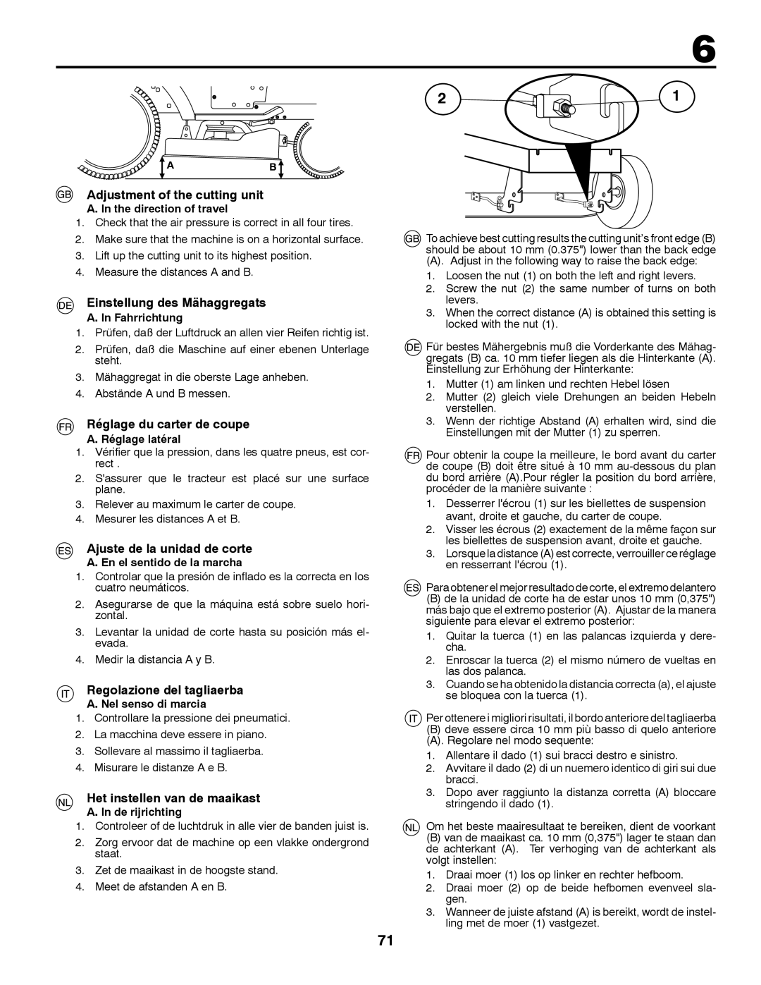 McCulloch 532 43 30-30, M12597RB Adjustment of the cutting unit, Einstellung des Mähaggregats, Réglage du carter de coupe 