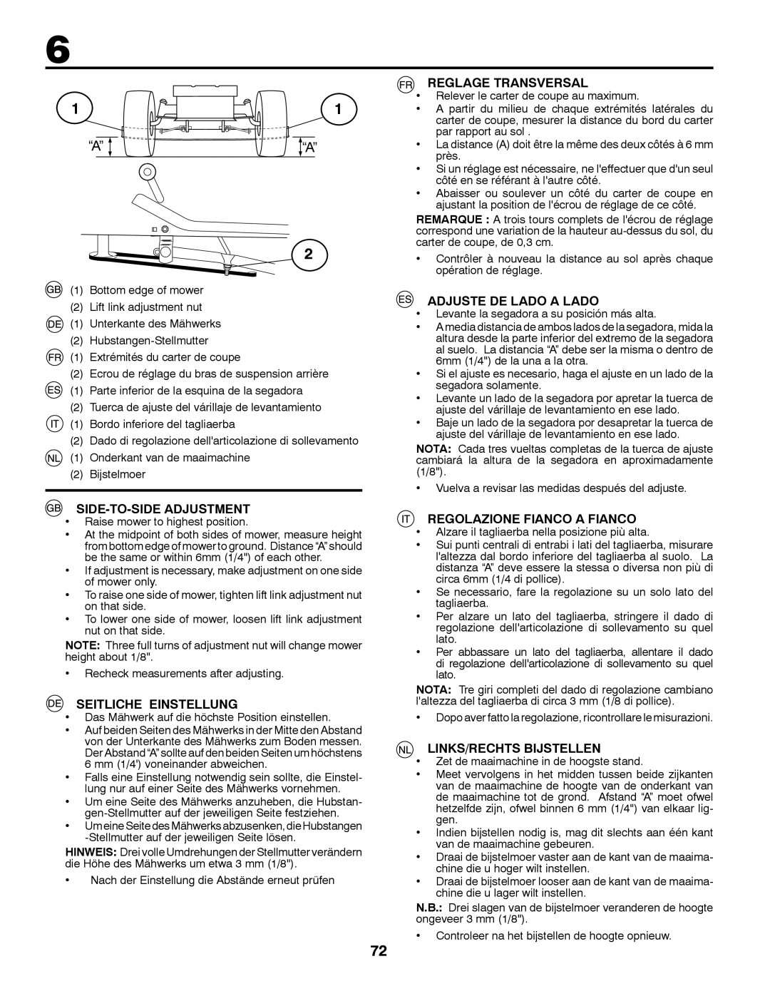 McCulloch M12597RB SIDE-TO-SIDE Adjustment, Seitliche Einstellung, Reglage Transversal, Adjuste DE Lado a Lado 