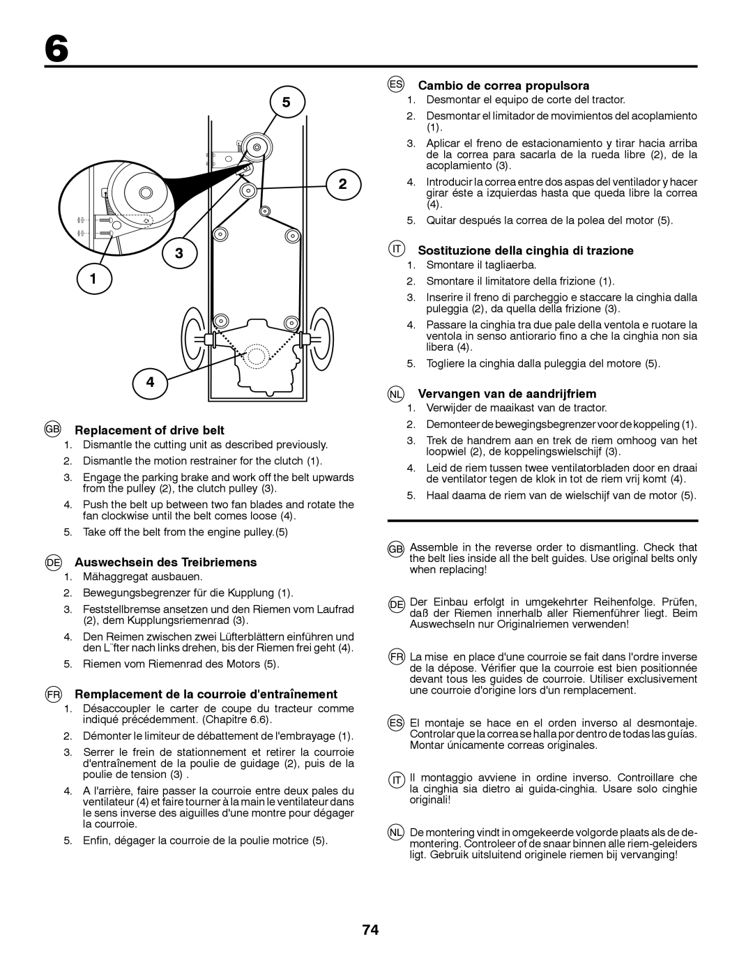 McCulloch 532 43 30-30 Cambio de correa propulsora, Sostituzione della cinghia di trazione, Vervangen van de aandrijfriem 