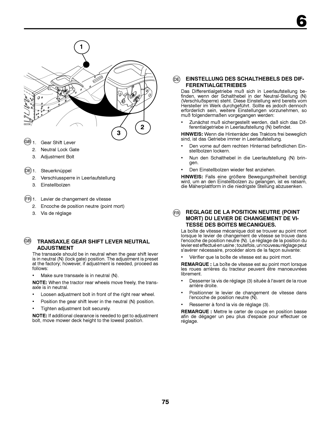 McCulloch M12597RB Transaxle Gear Shift Lever Neutral Adjustment, Einstellung DES Schalthebels DES DIF- Ferentialgetriebes 