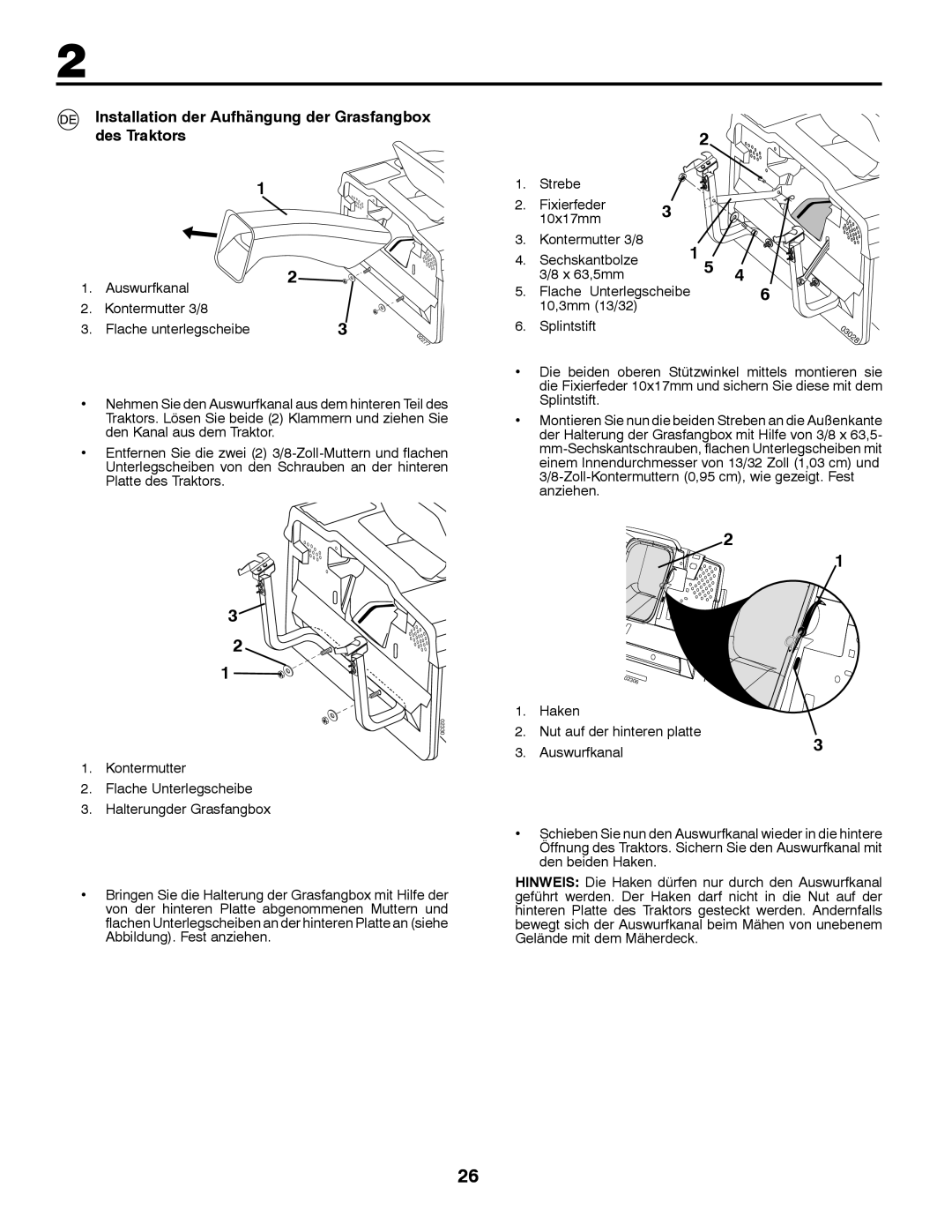 McCulloch 532 43 30-30, M12597RB, 96061028700 instruction manual Installation der Aufhängung der Grasfangbox des Traktors 