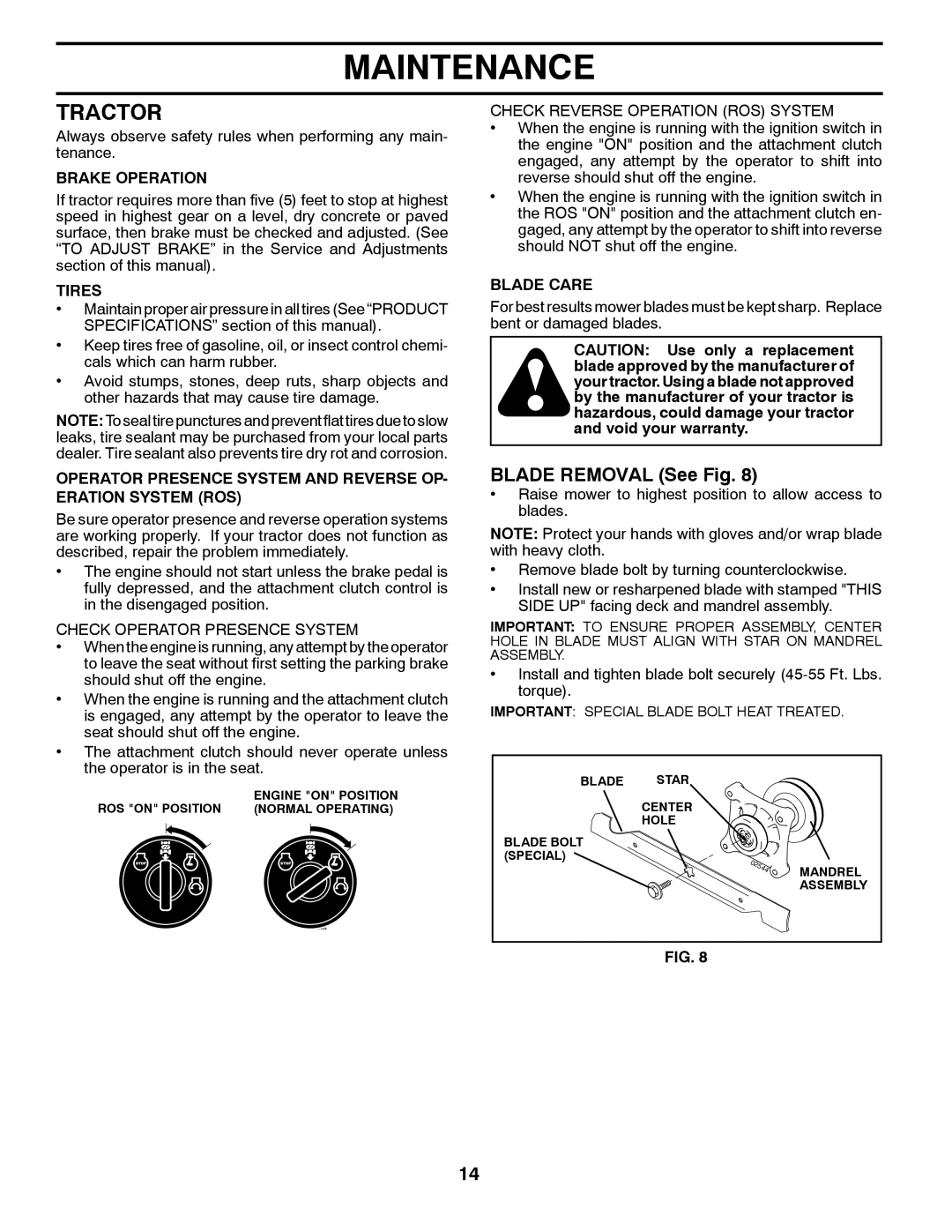 McCulloch M13538, 96011024401 manual Tractor, Blade Removal See Fig 