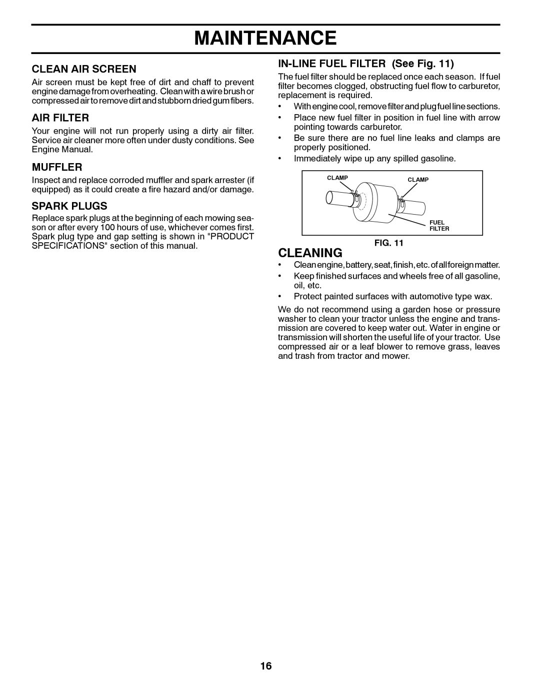 McCulloch M13538, 96011024401 manual Cleaning, Clean AIR Screen, AIR Filter, Muffler, Spark Plugs 