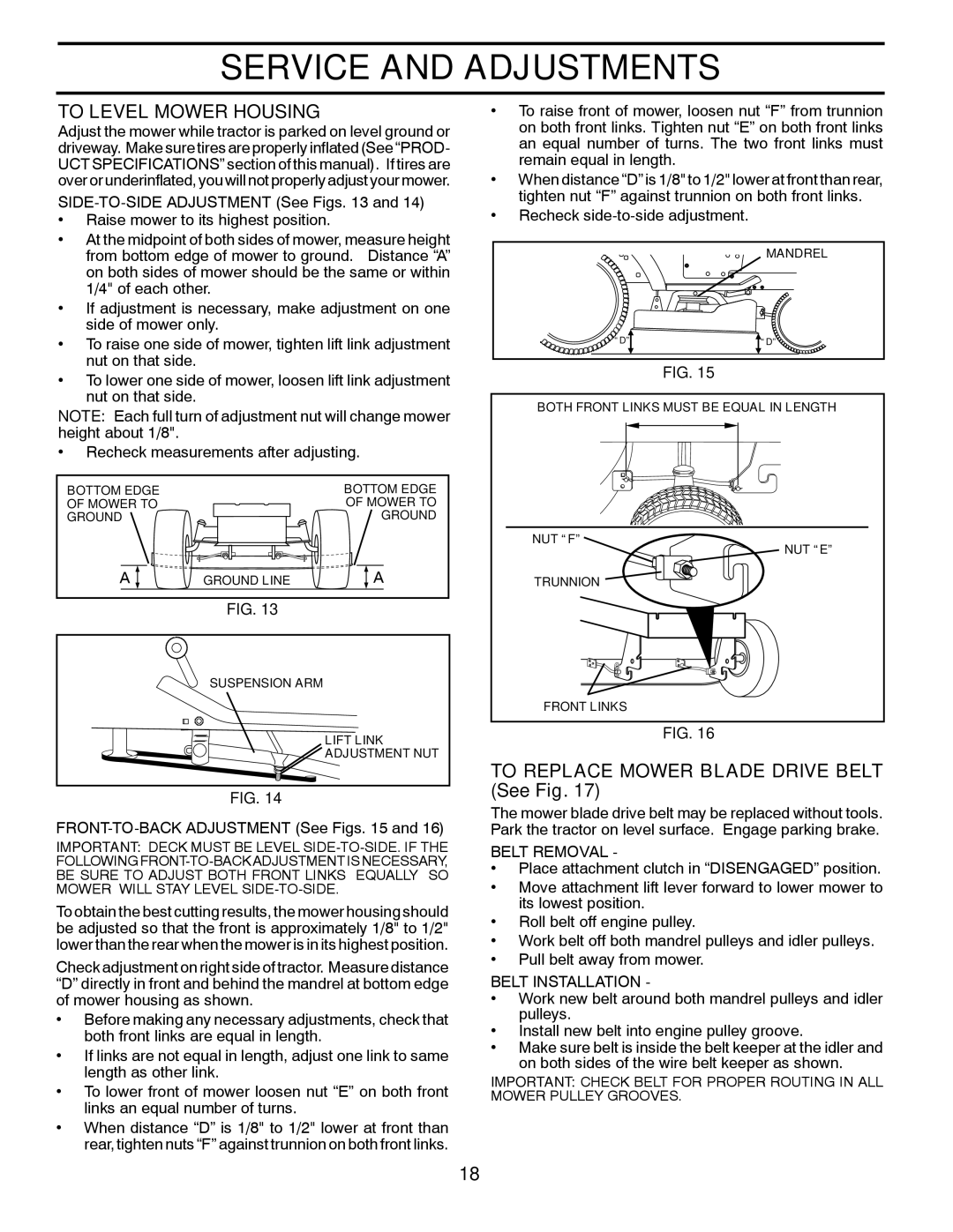 McCulloch M13538 manual To Level Mower Housing, To Replace Mower Blade Drive Belt See Fig, Belt Removal, Belt Installation 