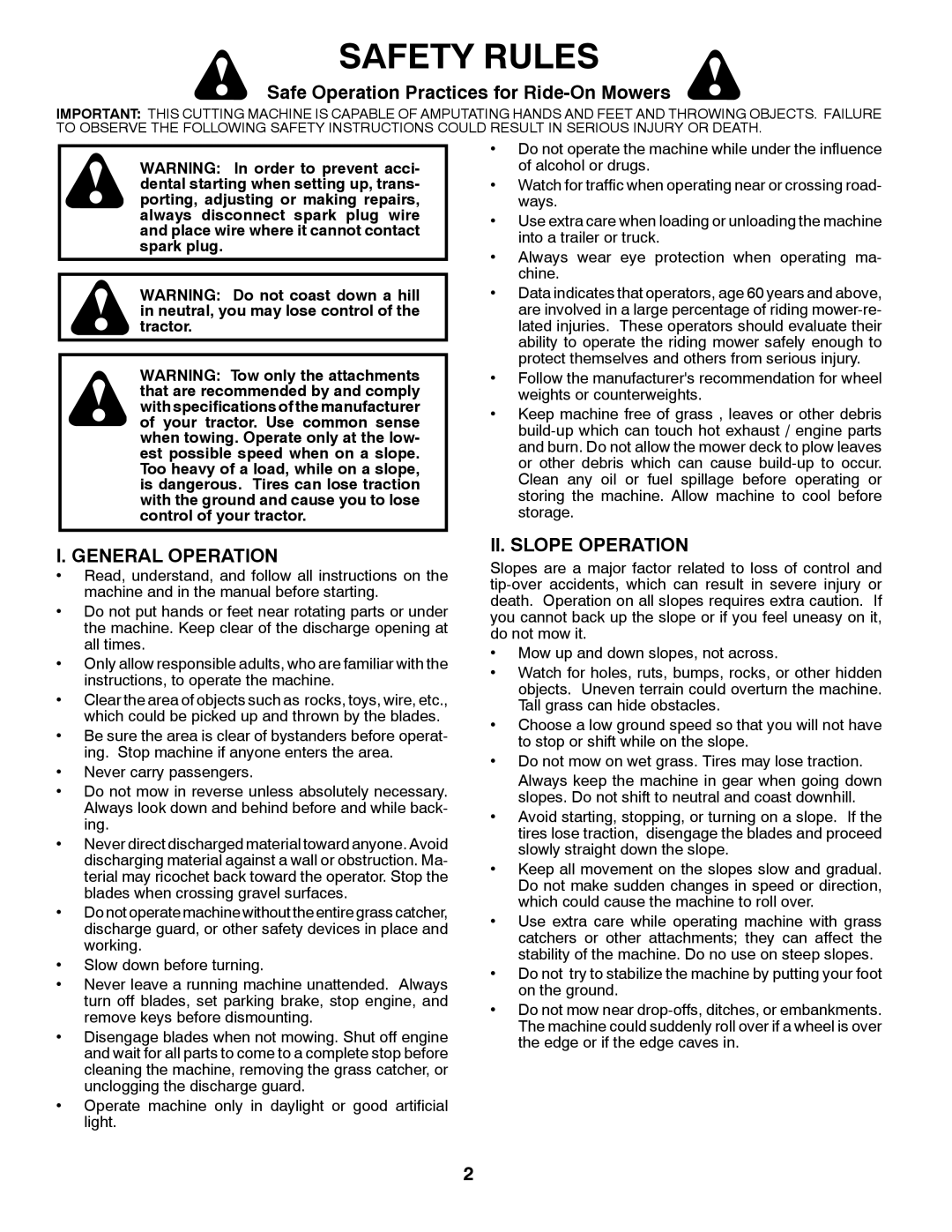 McCulloch M13538 manual Safety Rules, Safe Operation Practices for Ride-On Mowers, General Operation, II. Slope Operation 