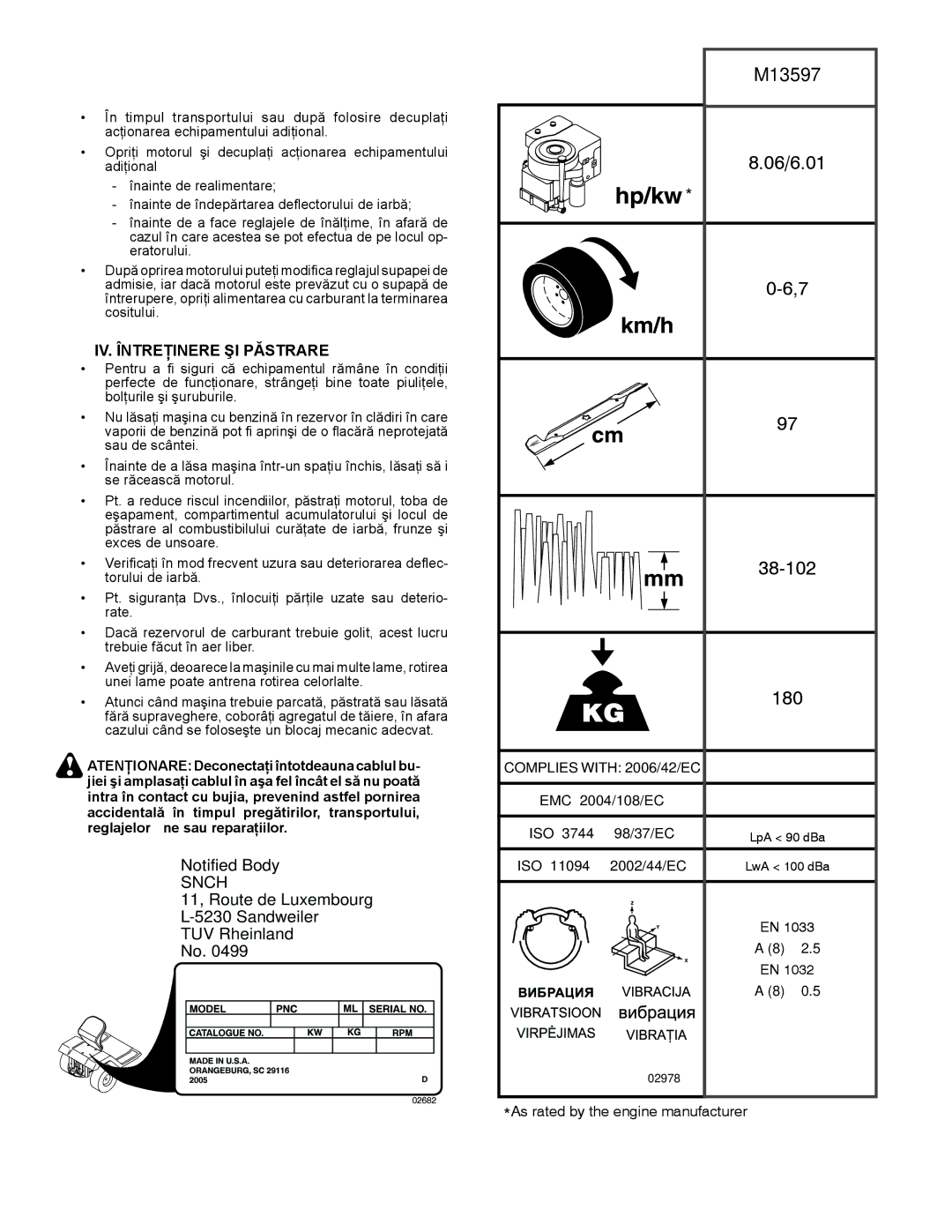 McCulloch M13597, 96011023803 manual 38-102, IV. Întreţinere ŞI Păstrare 