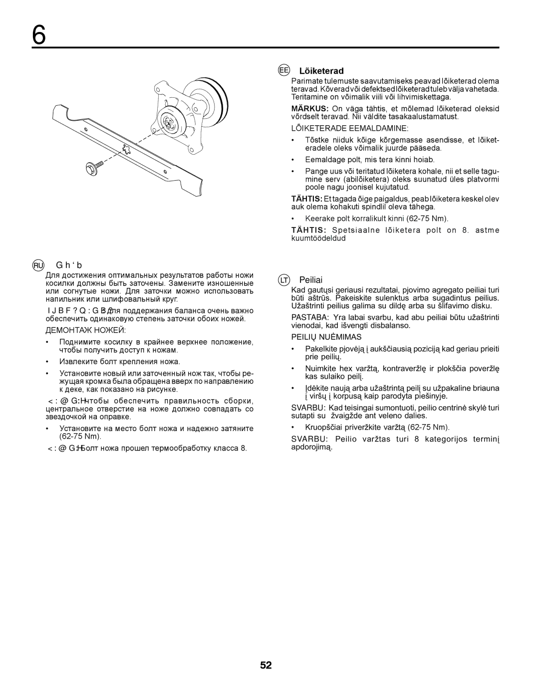 McCulloch M13597, 96011023803 manual Ножи, Lõiketerad, Peiliai 