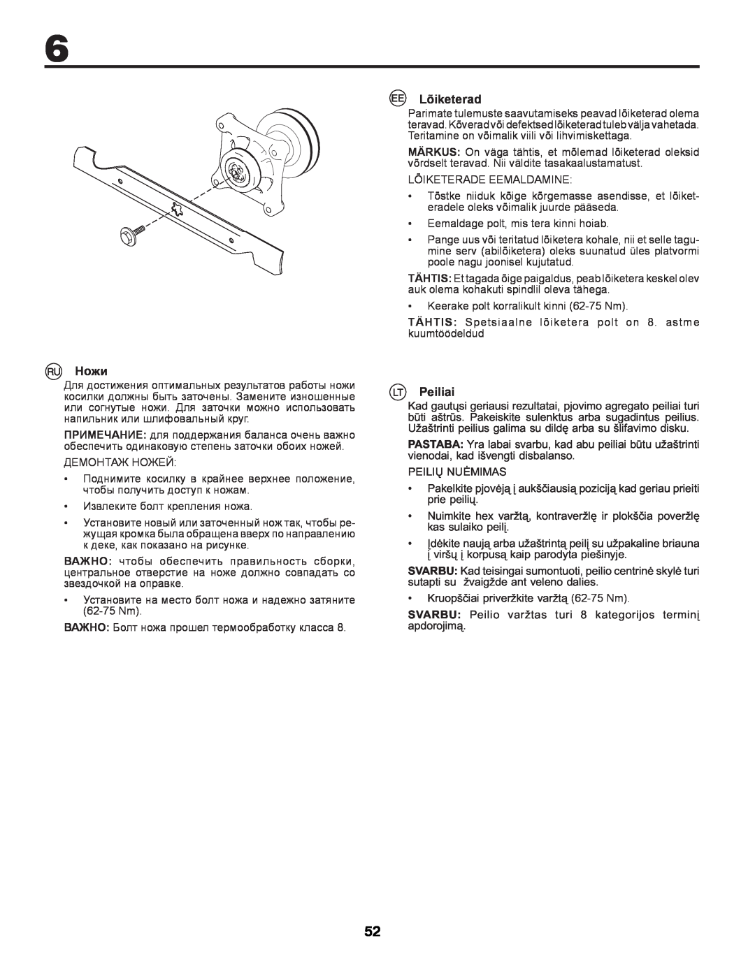 McCulloch M13597, 96011023803 manual Ножи, Lõiketerad, Peiliai 