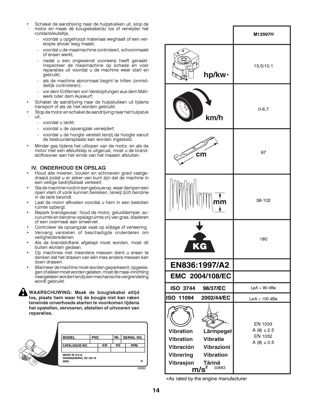 McCulloch M13597H, 96041000901 instruction manual EN8361997/A2, IV. Onderhoud EN Opslag 