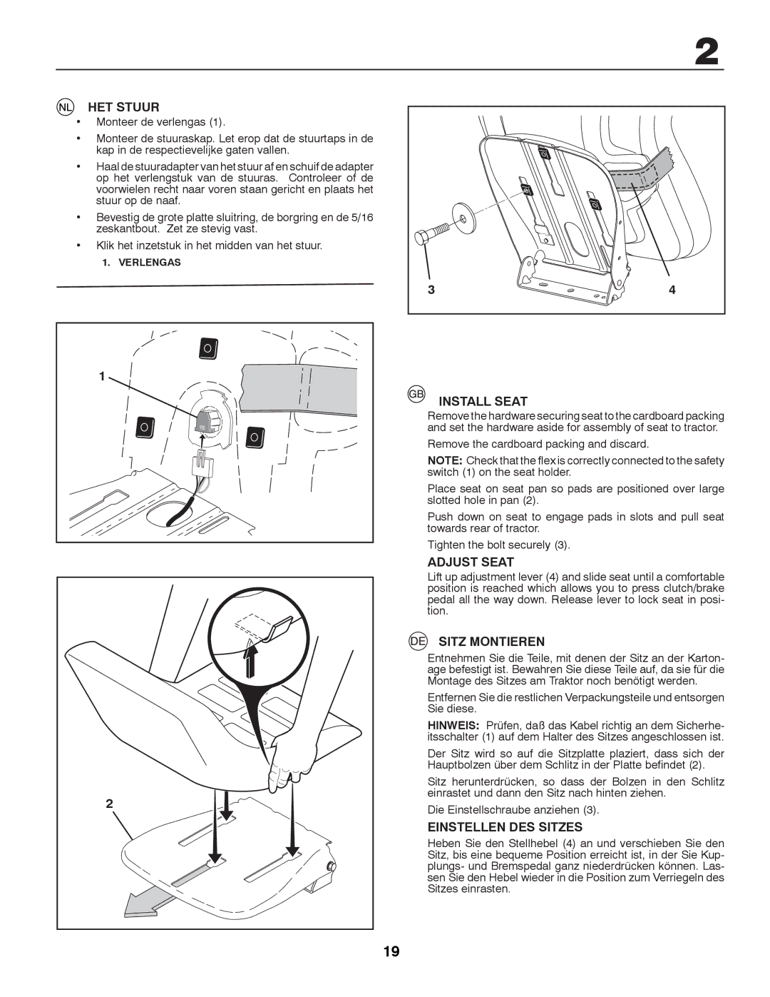 McCulloch 96041000901, M13597H HET Stuur, Install Seat, Adjust Seat, Sitz Montieren, Einstellen DES Sitzes 