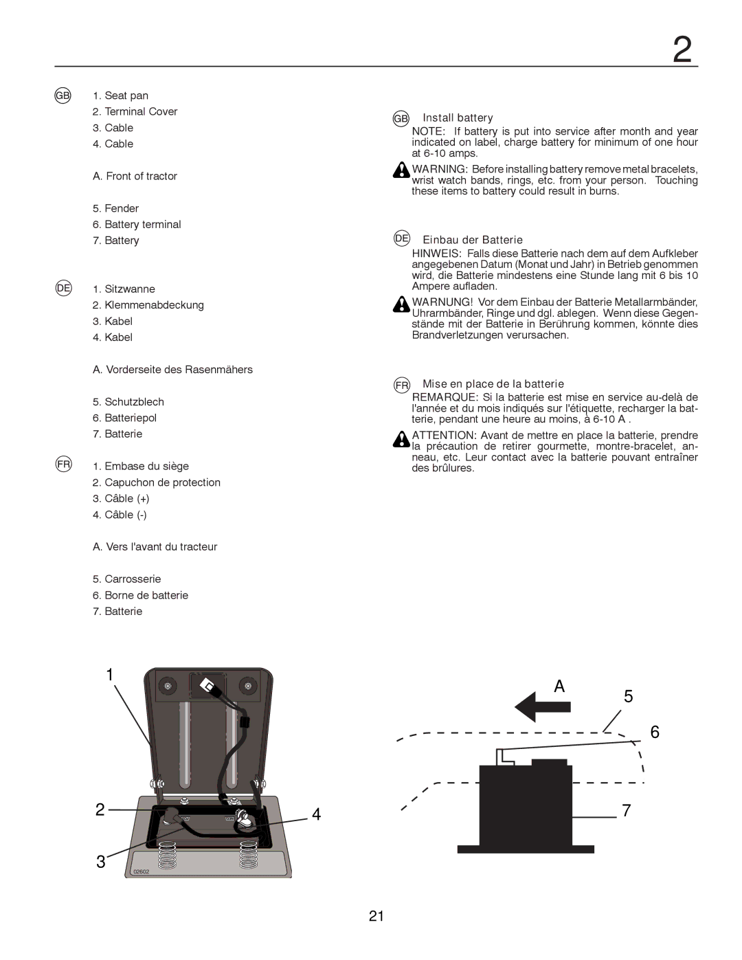 McCulloch 96041000901, M13597H instruction manual Install battery Einbau der Batterie, Mise en place de la batterie 