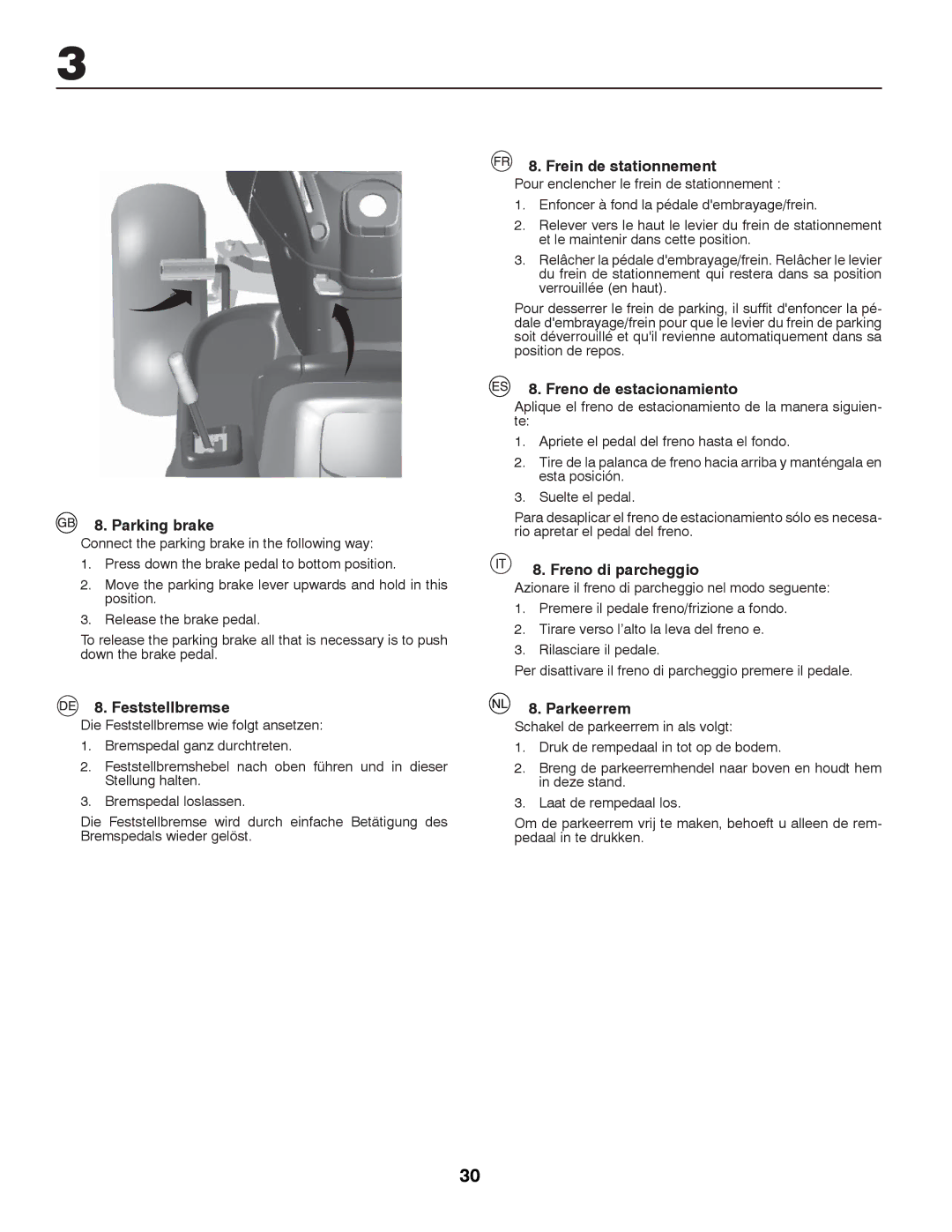 McCulloch M13597H Parking brake, Feststellbremse, Frein de stationnement, Freno de estacionamiento, Freno di parcheggio 