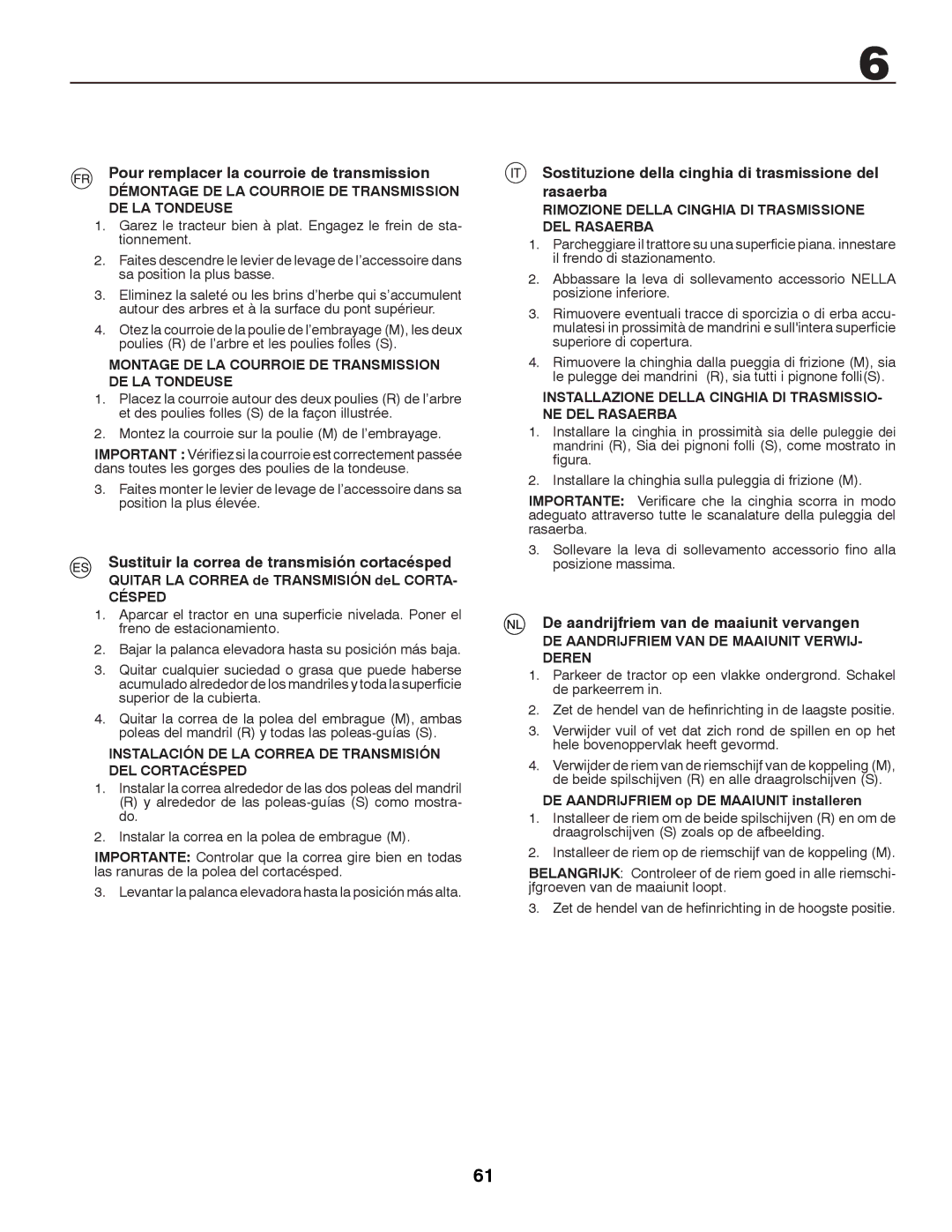 McCulloch 96041000901, M13597H Pour remplacer la courroie de transmission, Sustituir la correa de transmisión cortacésped 