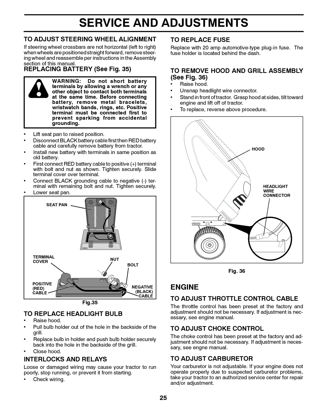 McCulloch M17538H To Adjust Steering Wheel Alignment, To Replace Headlight Bulb, Interlocks and Relays, To Replace Fuse 