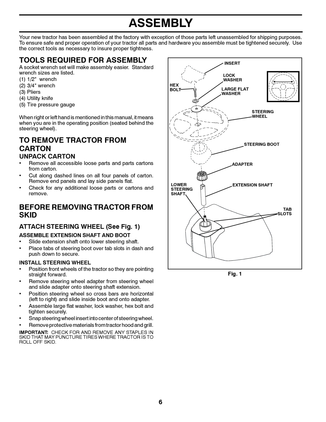 McCulloch M17538H manual Tools Required for Assembly, To Remove Tractor from Carton, Before Removing Tractor from Skid 