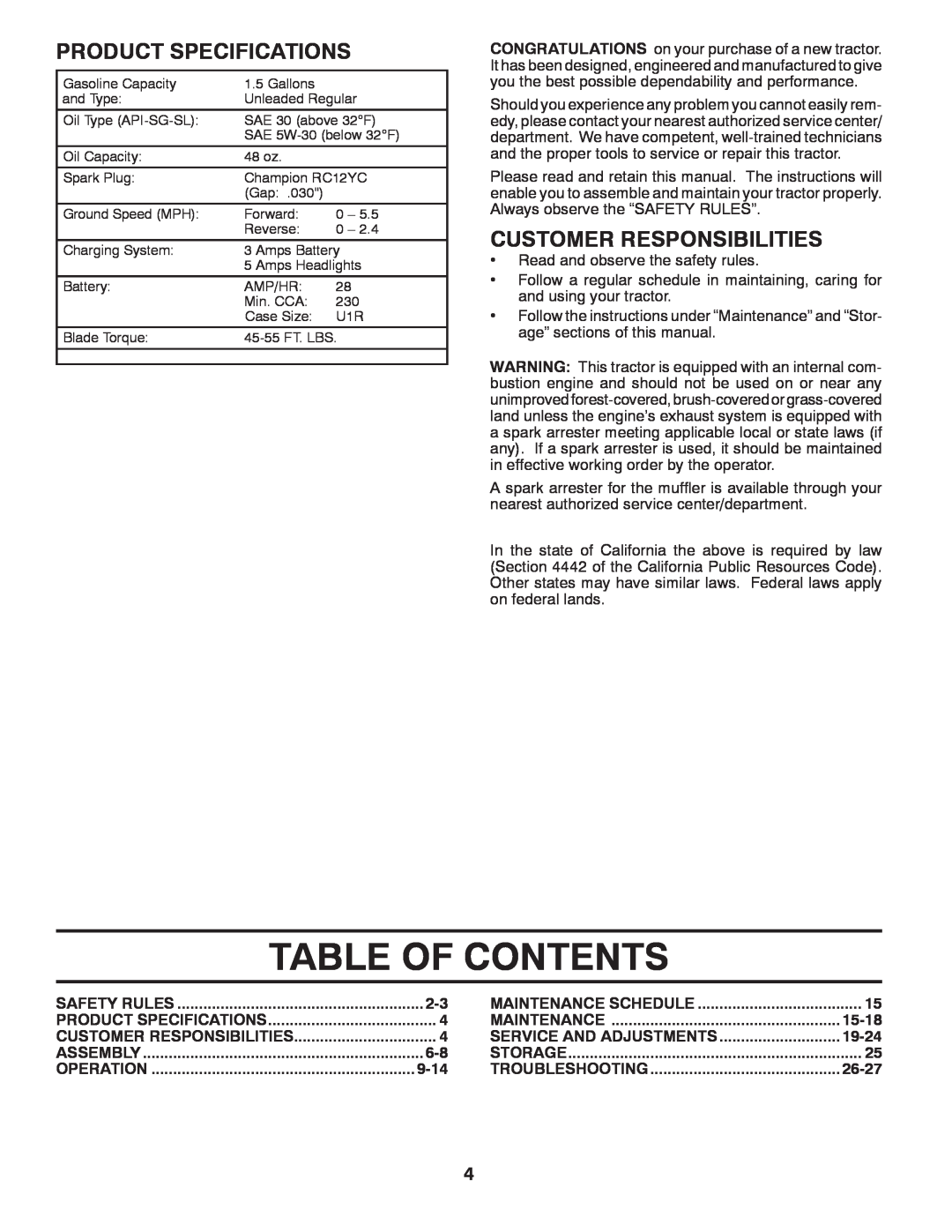 McCulloch M17538H manual Table Of Contents, Product Specifications, Customer Responsibilities, 9-14, 15-18, 19-24, 26-27 
