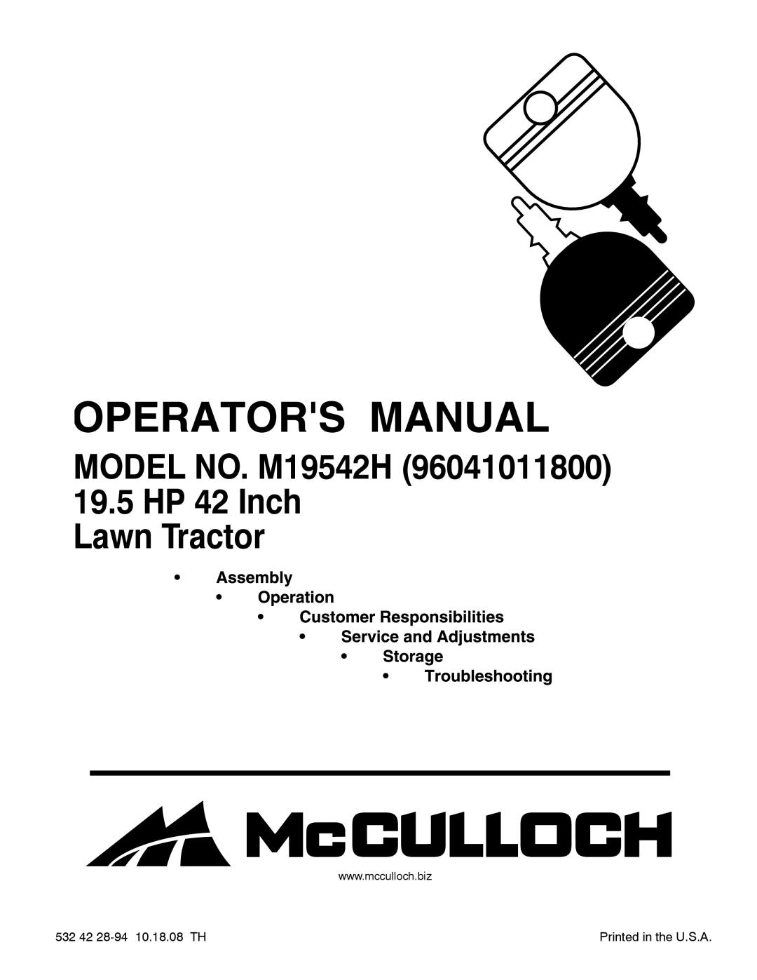 McCulloch manual Model NO. M19542H 19.5 HP 42 Inch Lawn Tractor 