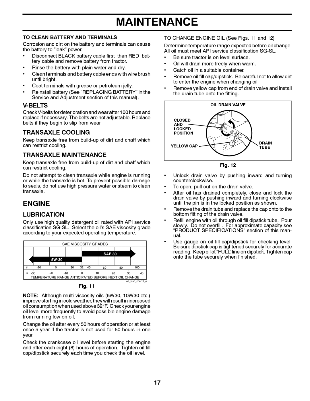 McCulloch M19542H manual Engine, Belts, Transaxle Cooling, Transaxle Maintenance, Lubrication 