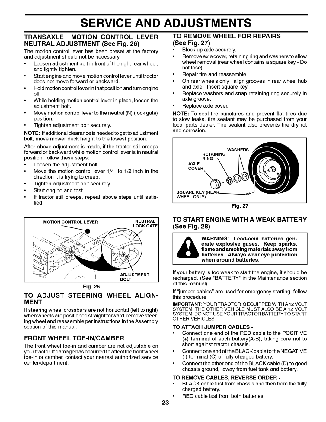 McCulloch M19542H manual Transaxle Motion Control Lever Neutral Adjustment See Fig, To Adjust Steering Wheel ALIGN- Ment 