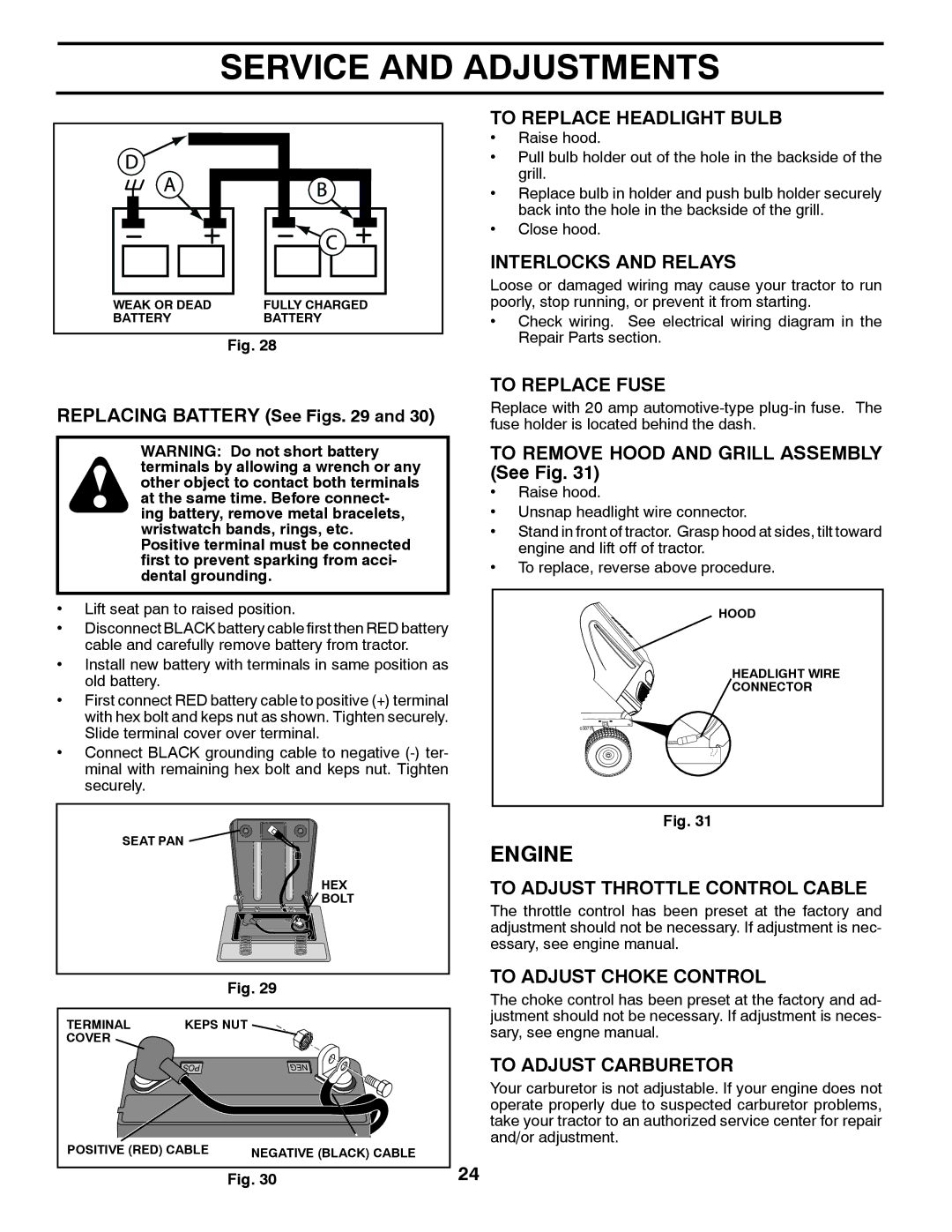 McCulloch M19542H To Replace Headlight Bulb, Interlocks and Relays, To Replace Fuse, To Adjust Throttle Control Cable 